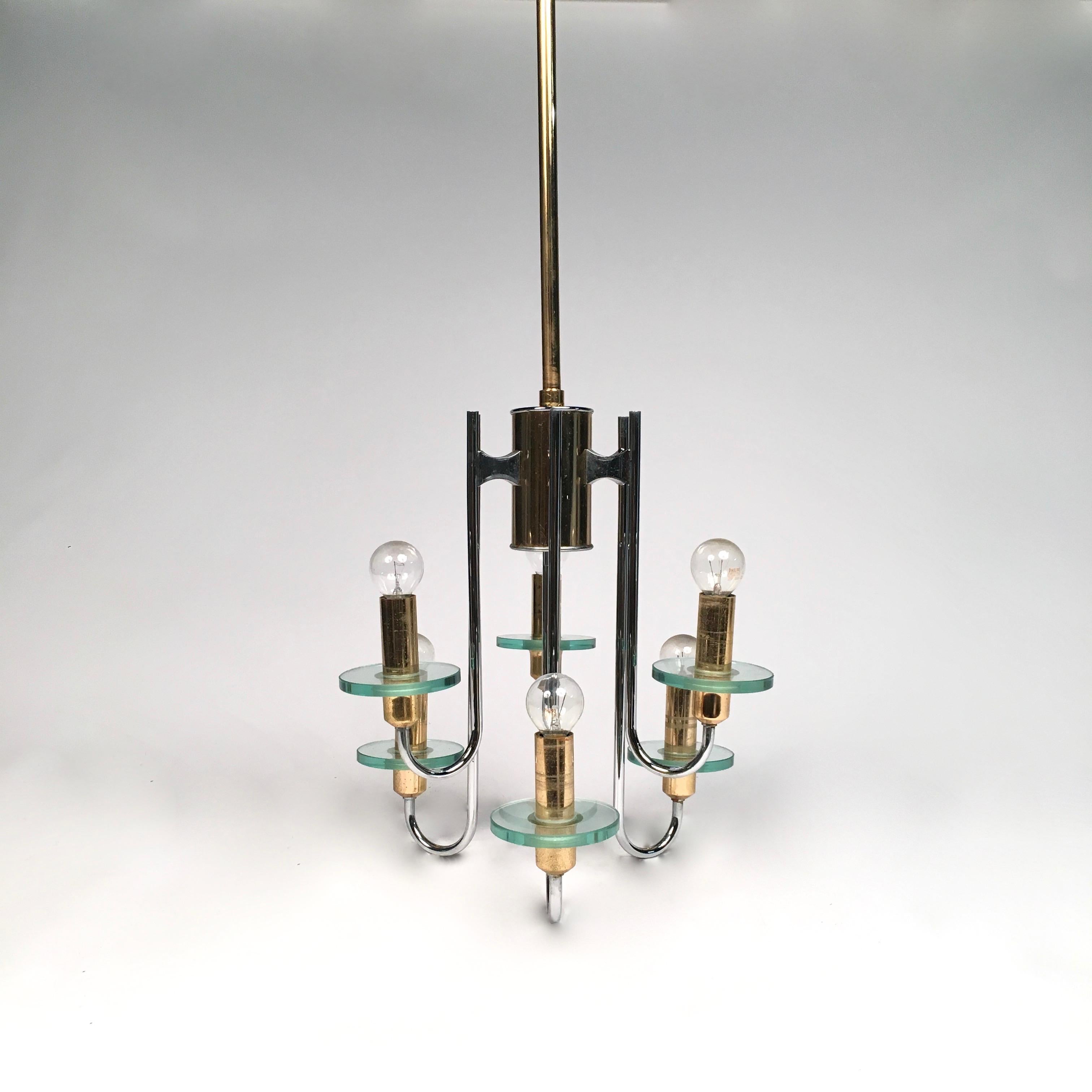 Late 20th Century Gaetano Sciolari Chandelier in Chromo, Glass and Brass Mid-Century Modern For Sale