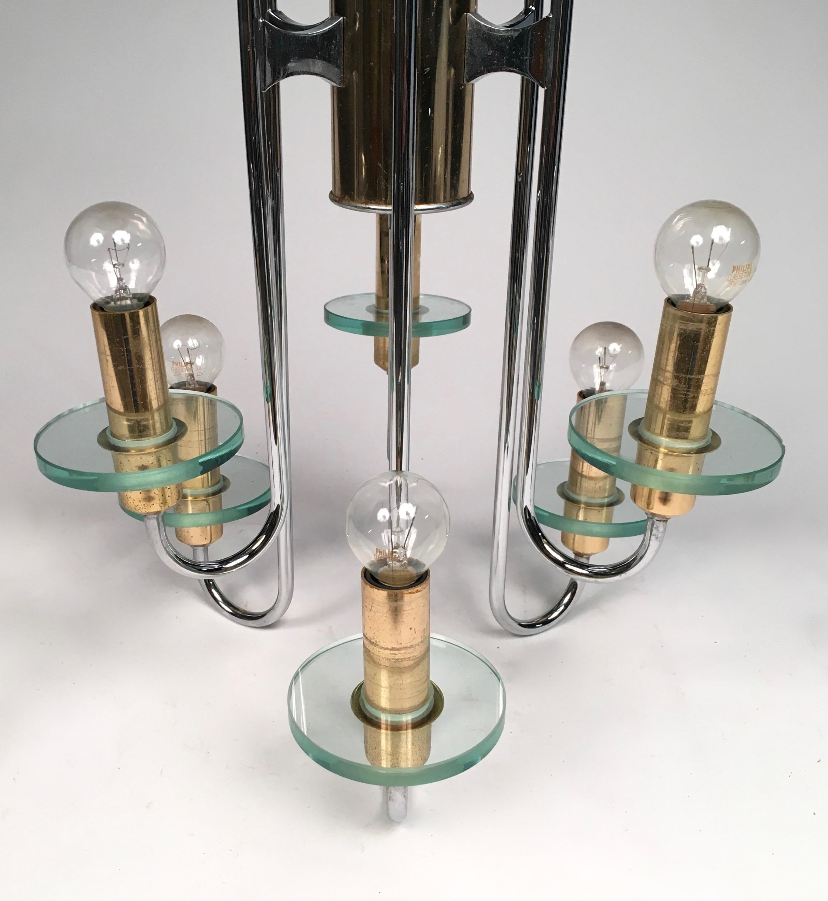 Gaetano Sciolari Chandelier in Chromo, Glass and Brass Mid-Century Modern For Sale 1