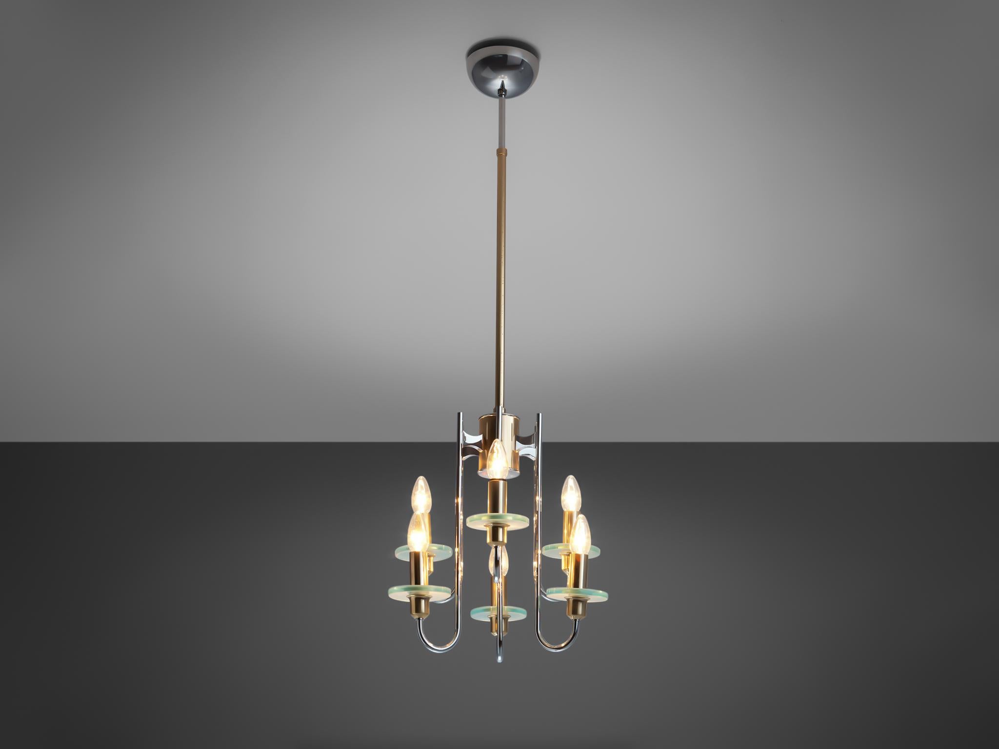 Gaetano Sciolari, chandelier, frosted glass, chrome, brass, steel, aluminum, Italy, 1970s

This subtle and modern chandelier features elegant curved shaped chrome tubes which are attached to a frame creating this striking spatial arrangement. All