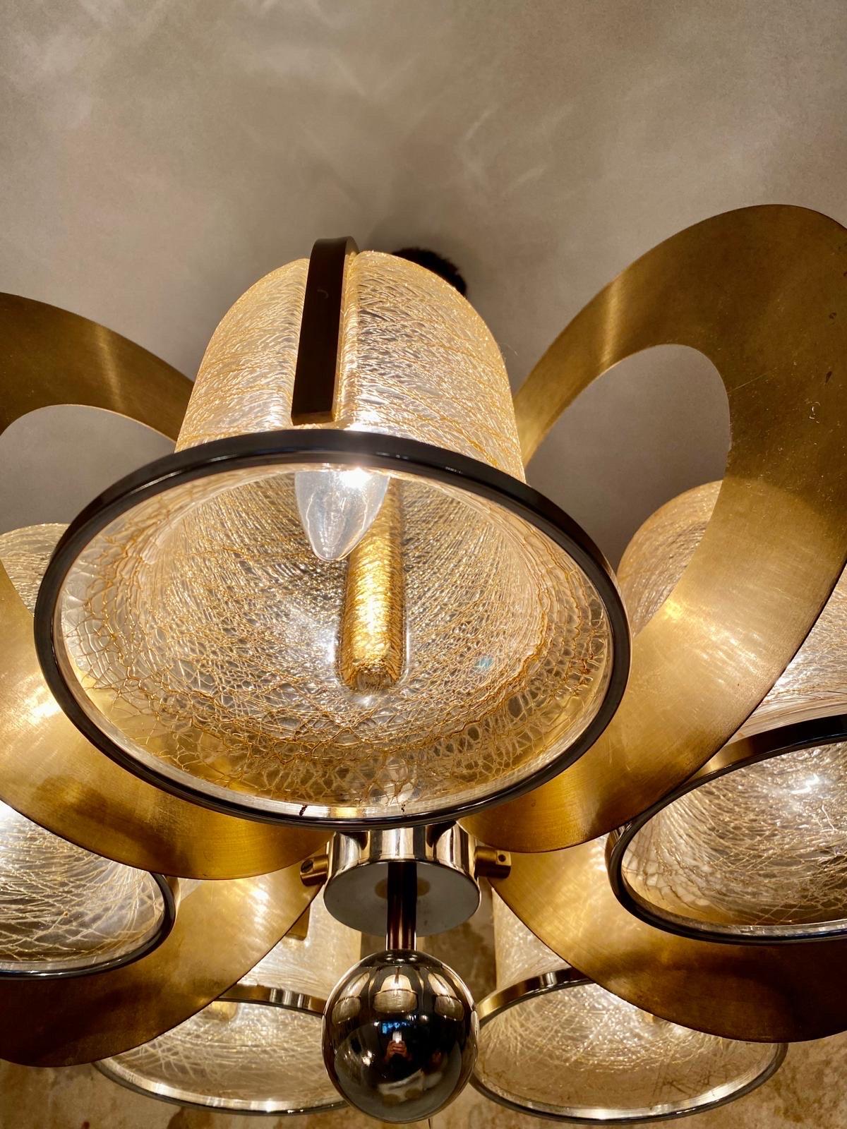 Mid-Century Modern Gaetano Sciolari Chandelier yellow gold Glass Murano with brass , Italy 1970