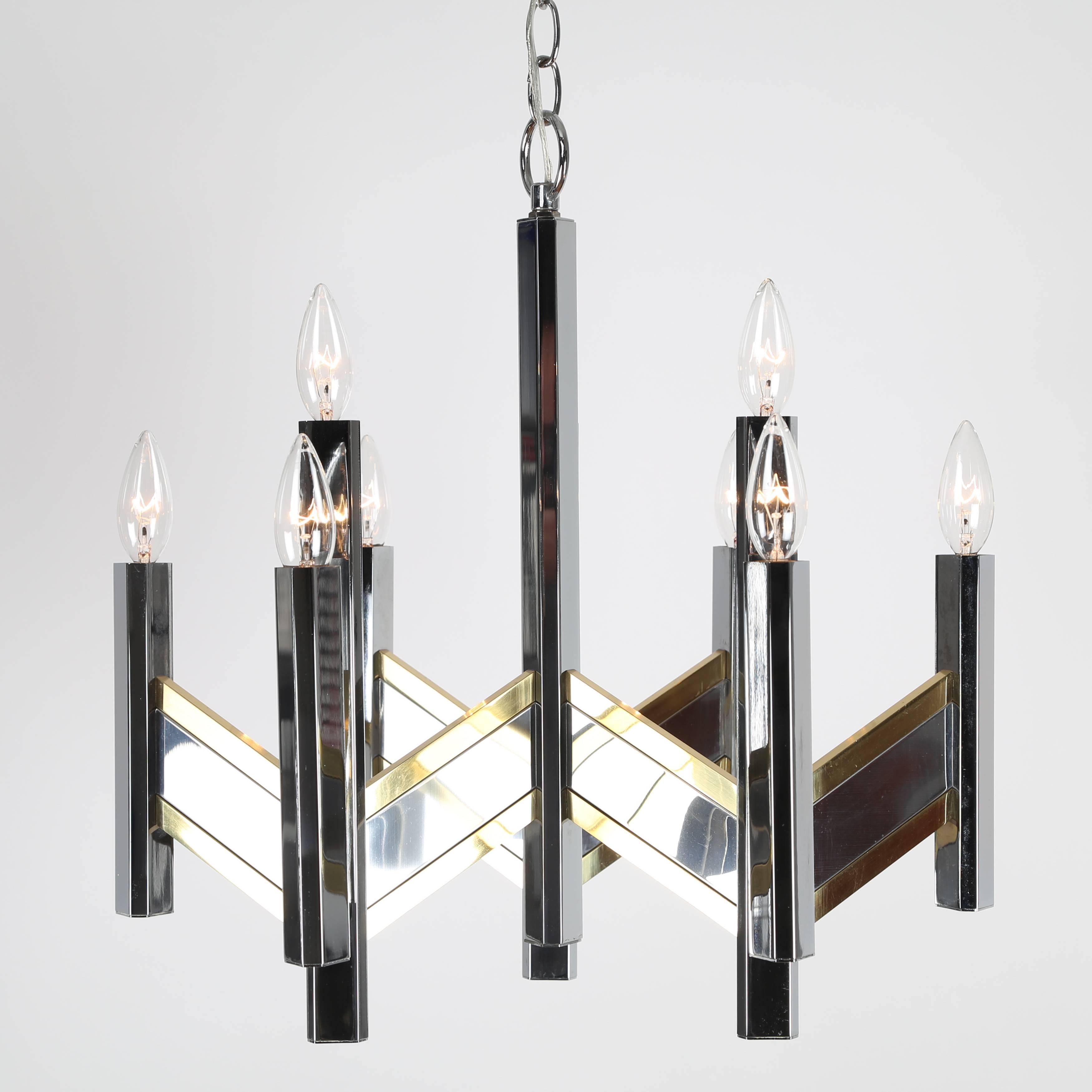 Mid-20th Century Gaetano Sciolari Chevron Chandelier in Brass and Chrome, circa 1960s For Sale