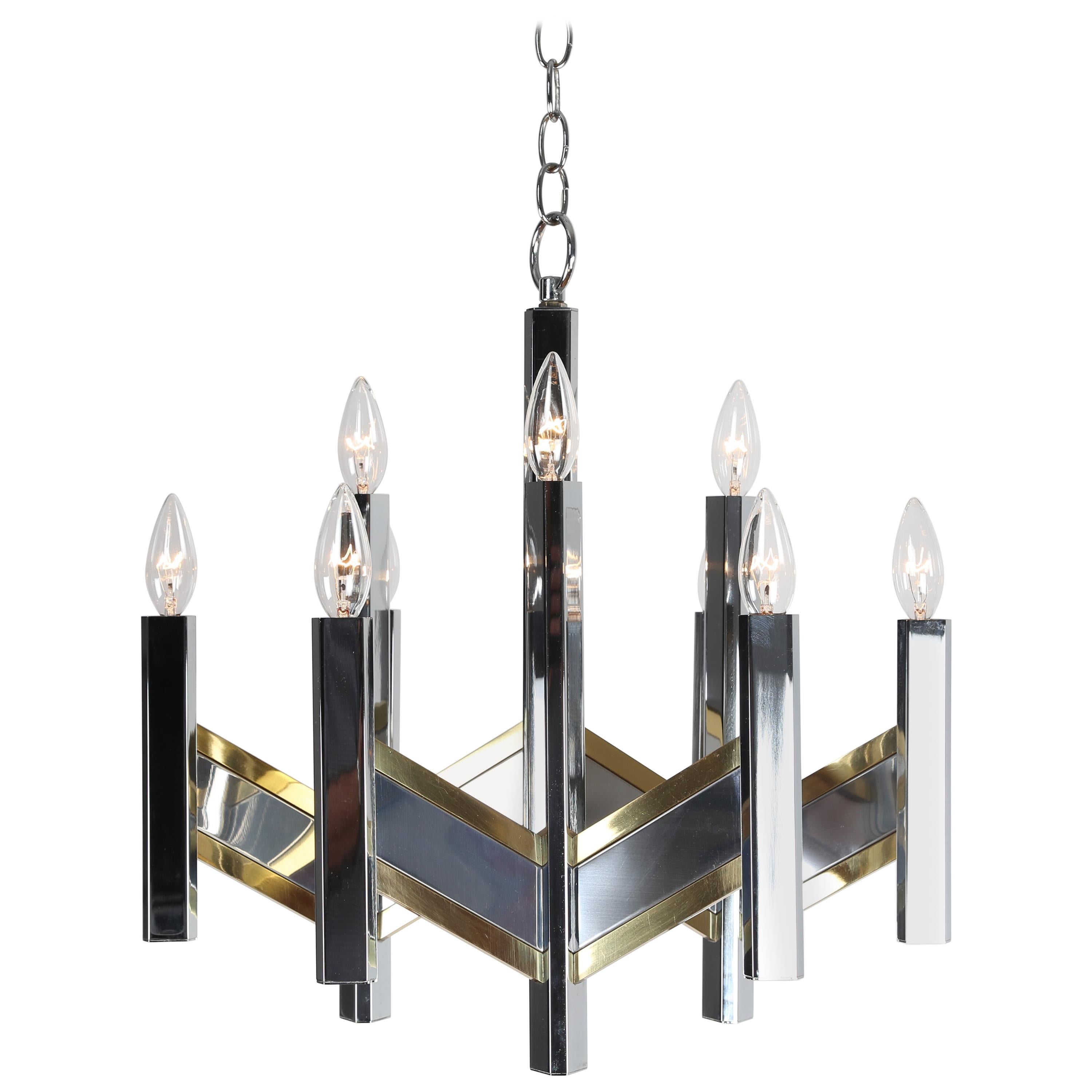 Gaetano Sciolari Chevron Chandelier in Brass and Chrome, circa 1960s For Sale