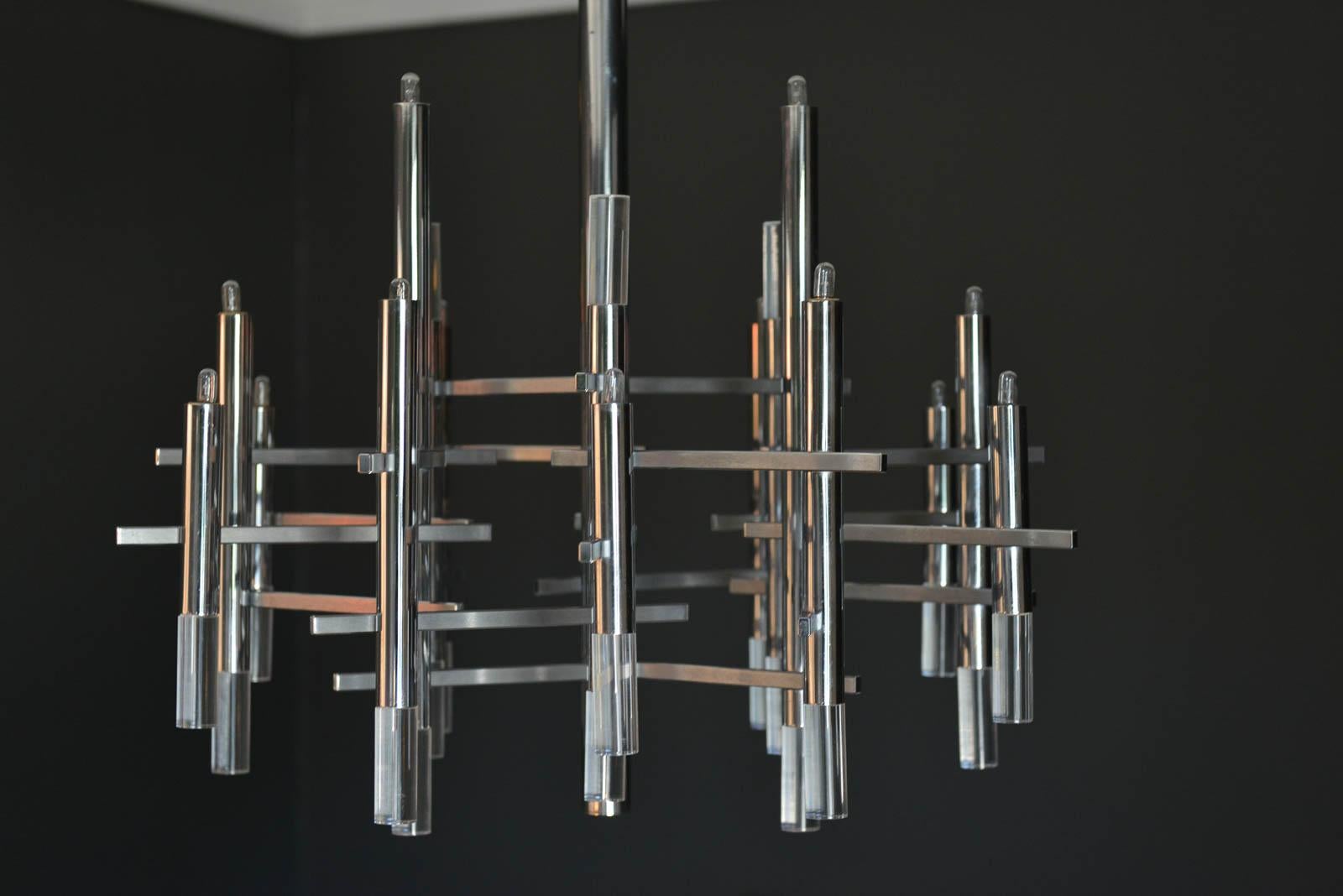 Italian Gaetano Sciolari Chrome and Lucite Chandelier, circa 1970