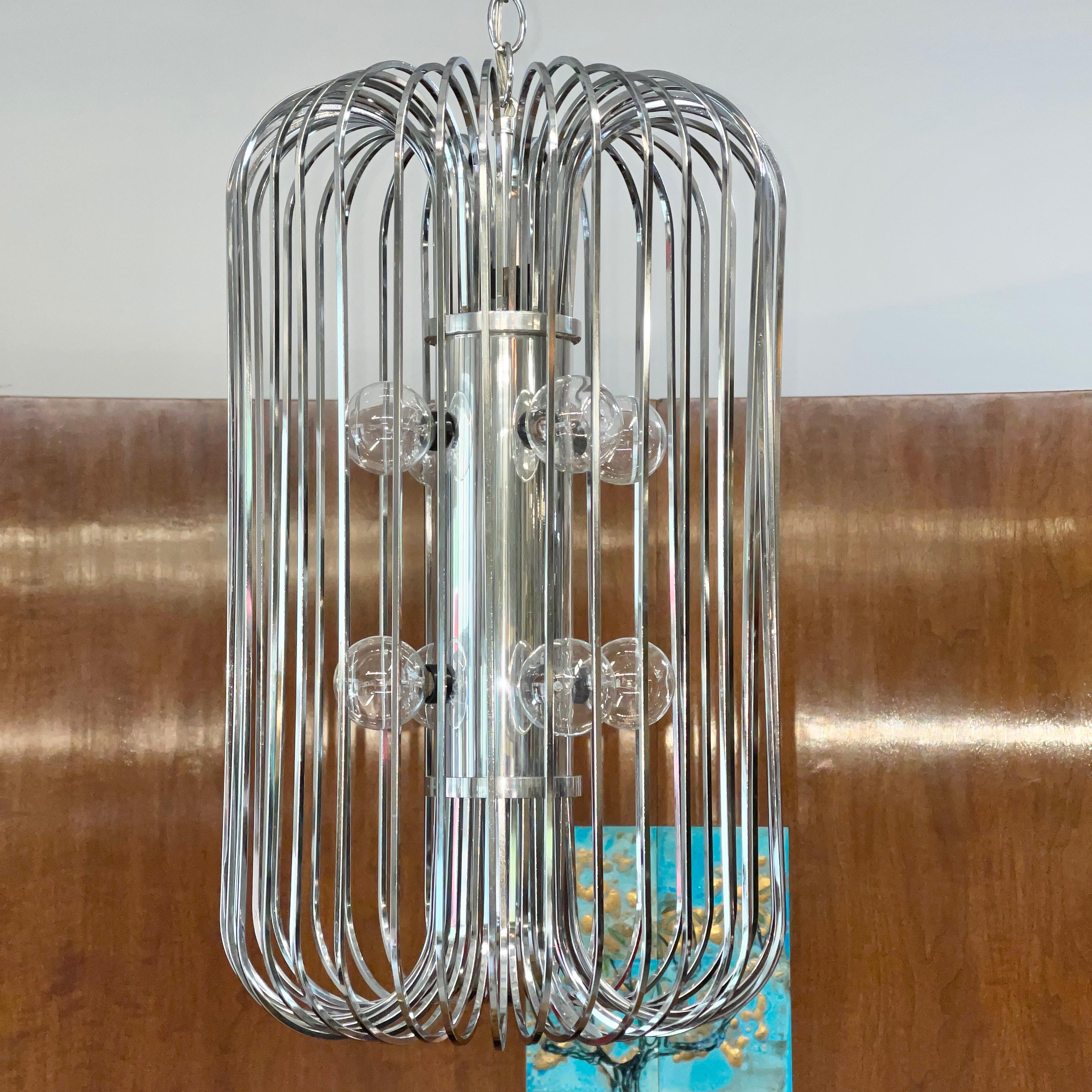 Late 20th Century Gaetano Sciolari Chrome Bird Cage Pendant for Lightolier