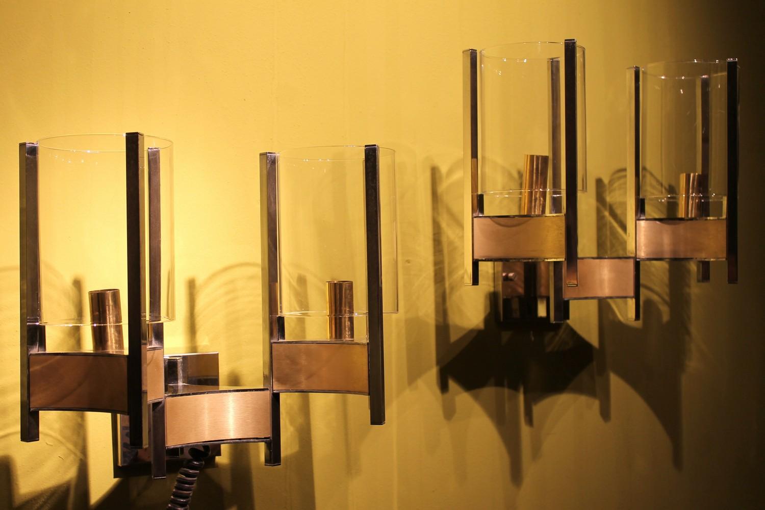 Gaetano Sciolari Chromed Steel Gilt Brushed Brass Two Lights Wall Sconces, 1960s 3