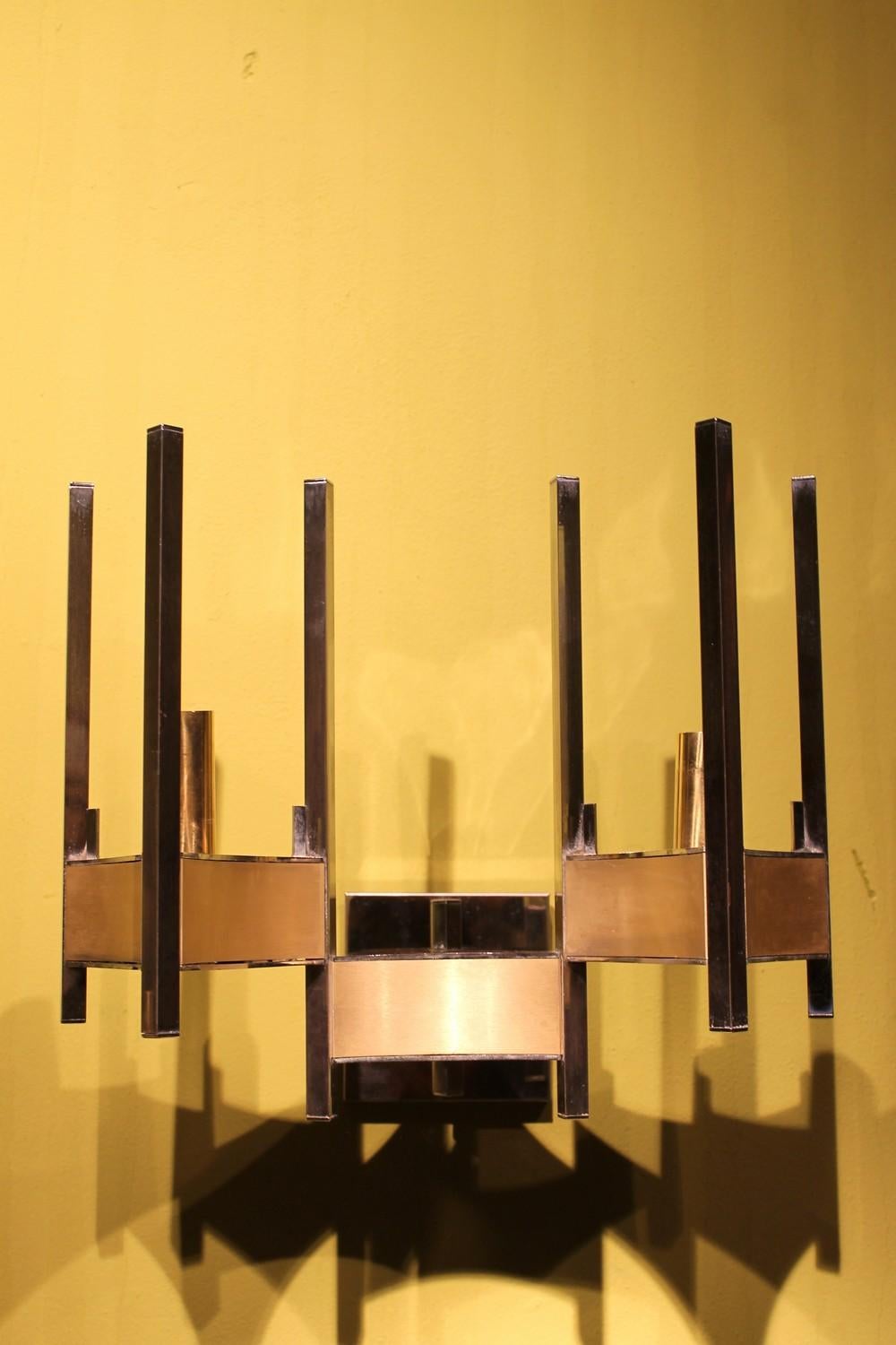 Italian Gaetano Sciolari Chromed Steel Gilt Brushed Brass Two Lights Wall Sconces, 1960s