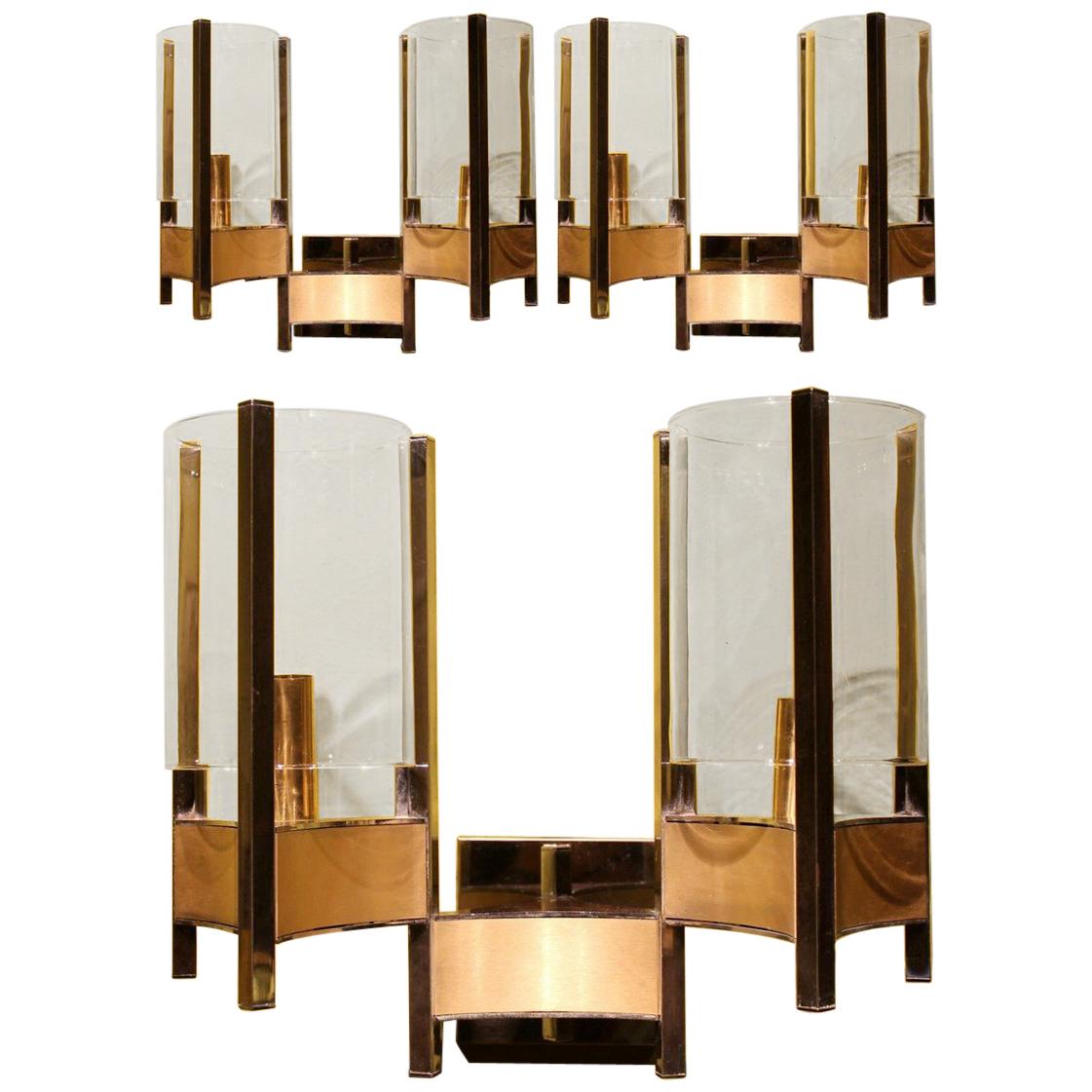 Gaetano Sciolari Chromed Steel Gilt Brushed Brass Two Lights Wall Sconces, 1960s
