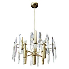 Gaetano Sciolari Eight Light Brass and Crystal Prism Chandelier, Italy, 1970's