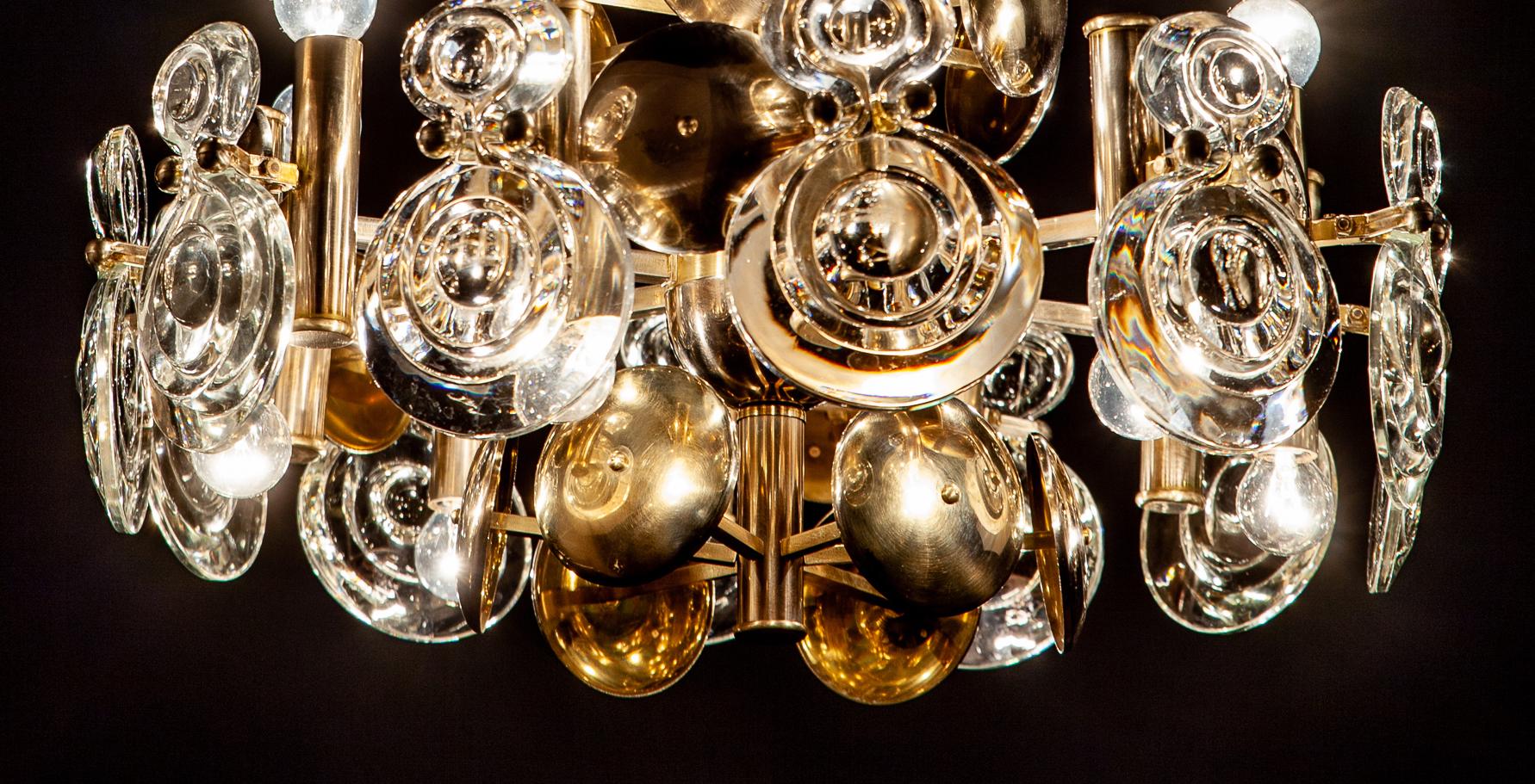 Gaetano Sciolari Fabulous Brass and Glass Lens Chandelier, Italy, 1960s For Sale 5