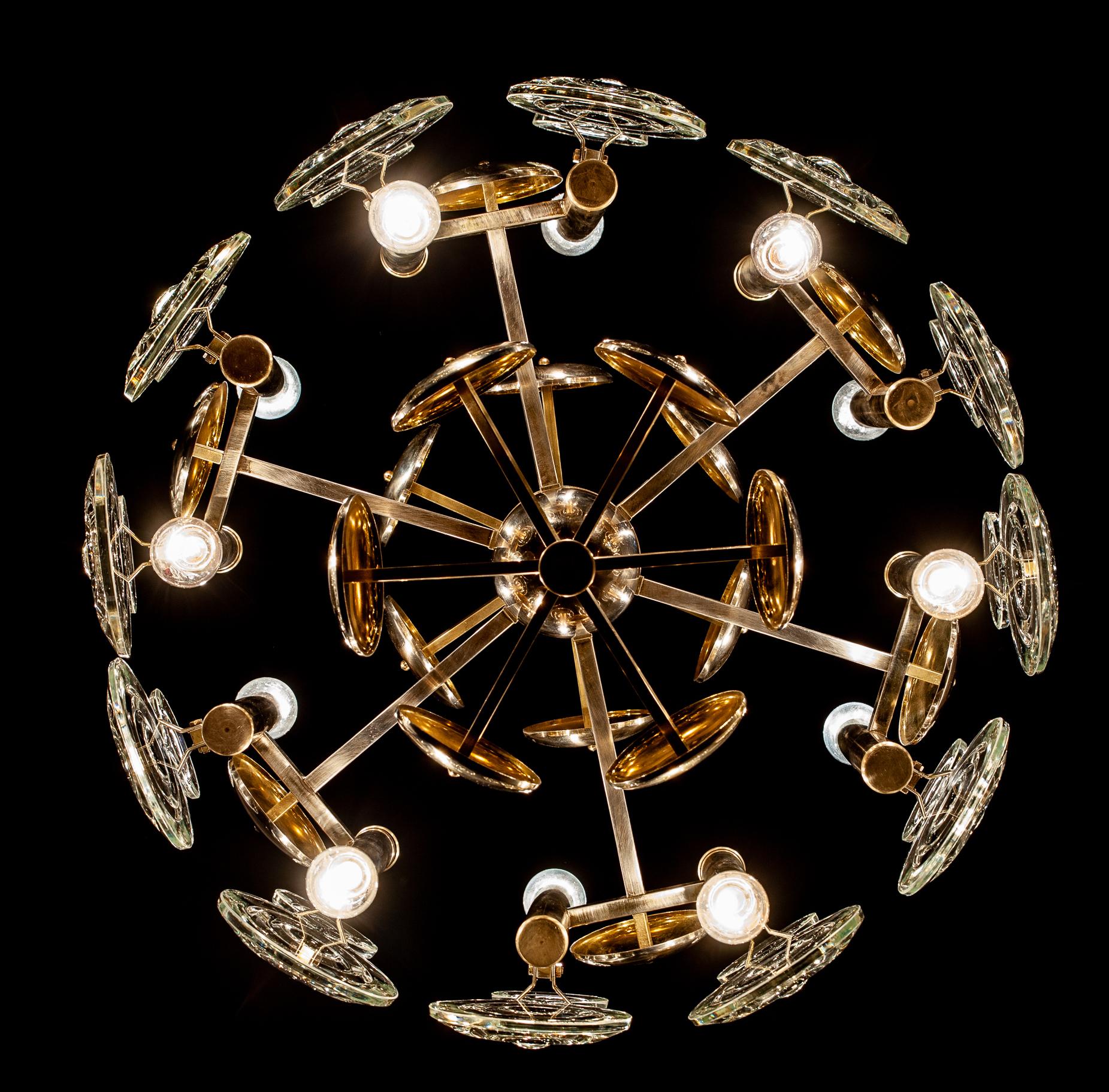 Gaetano Sciolari Fabulous Brass and Glass Lens Chandelier, Italy, 1960s For Sale 7