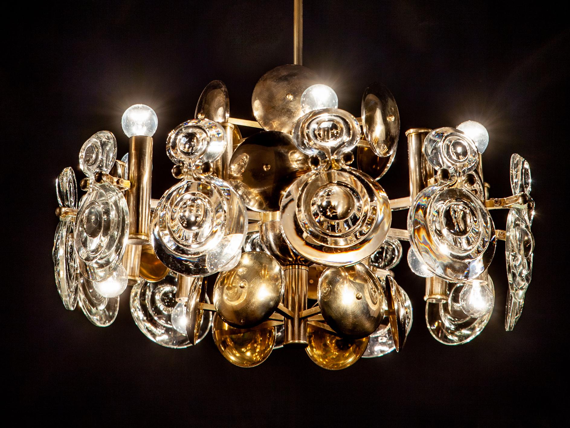 Italian Gaetano Sciolari Fabulous Brass and Glass Lens Chandelier, Italy, 1960s For Sale