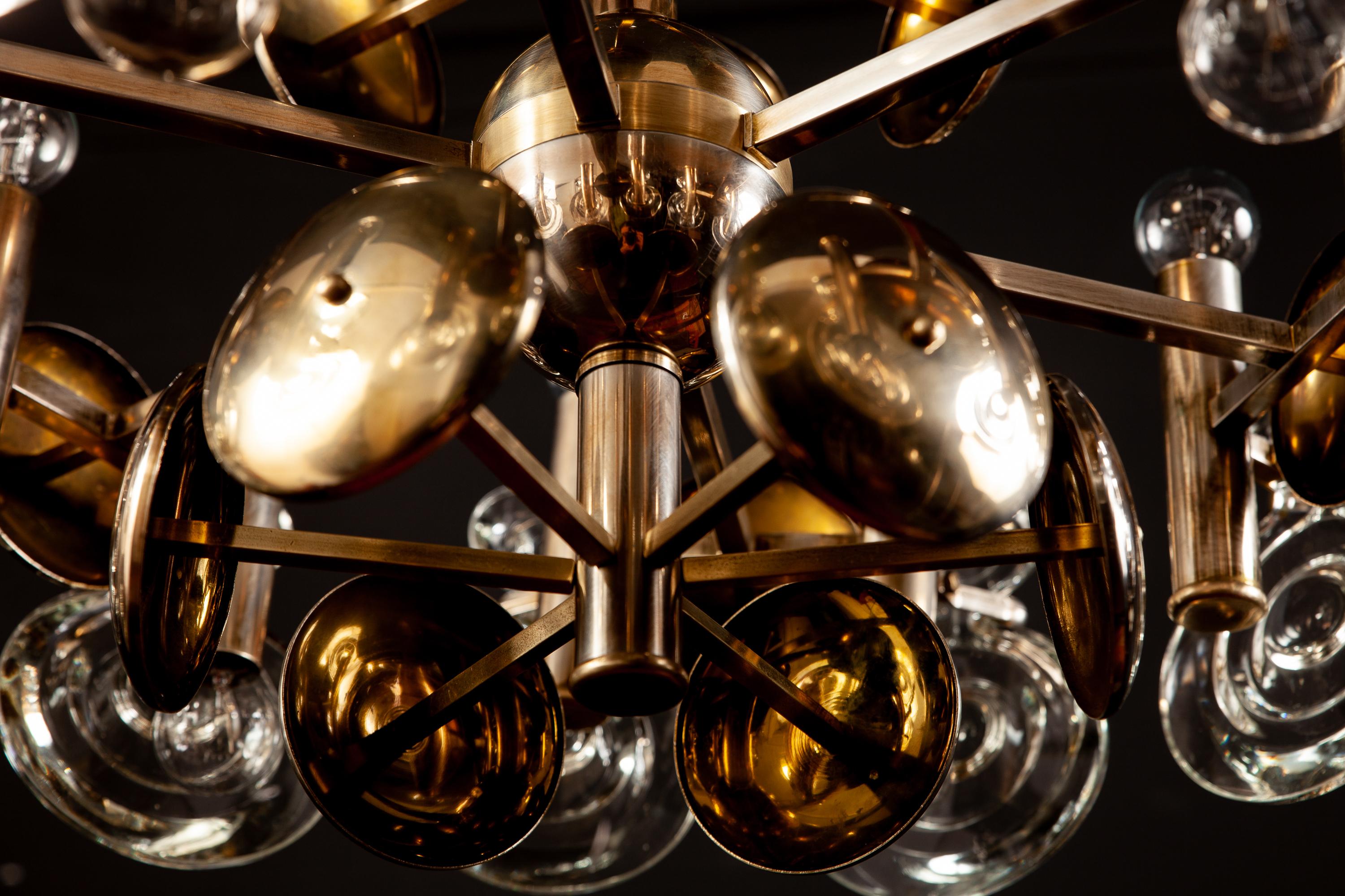 20th Century Gaetano Sciolari Fabulous Brass and Glass Lens Chandelier, Italy, 1960s For Sale