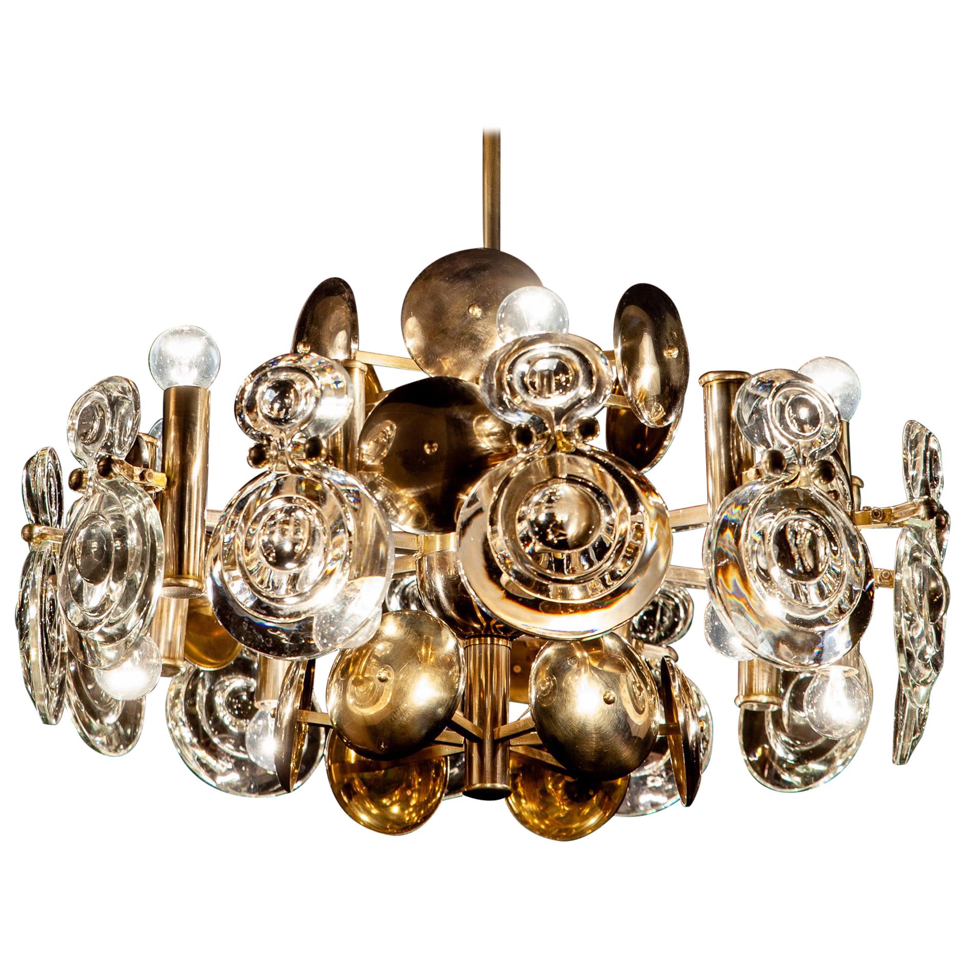 Gaetano Sciolari Fabulous Brass and Glass Lens Chandelier, Italy, 1960s