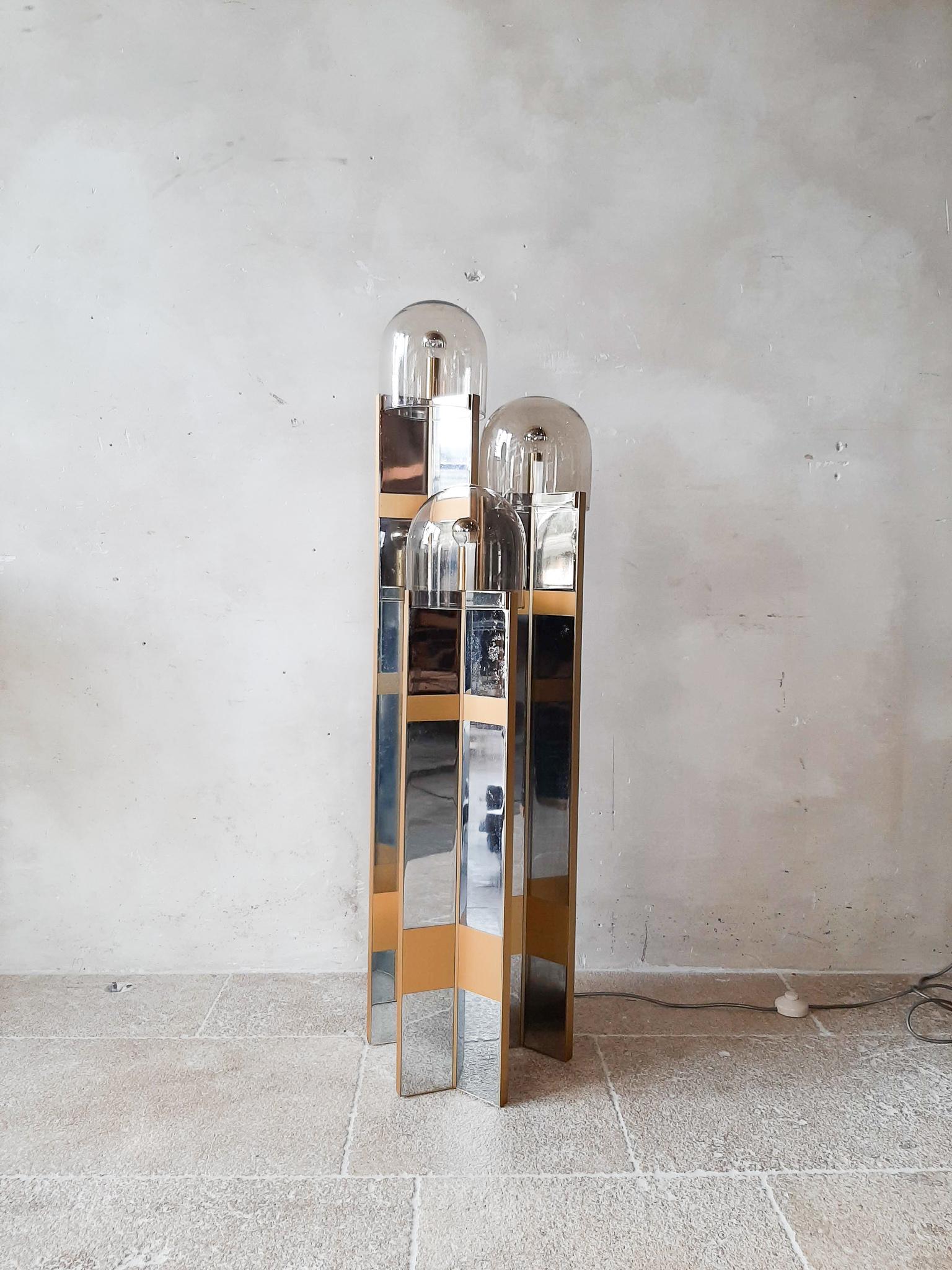 Mid-Century Modern Gaetano Sciolari Floorlamp Chrome Plated and Brushed Aluminium with Murano Glass For Sale
