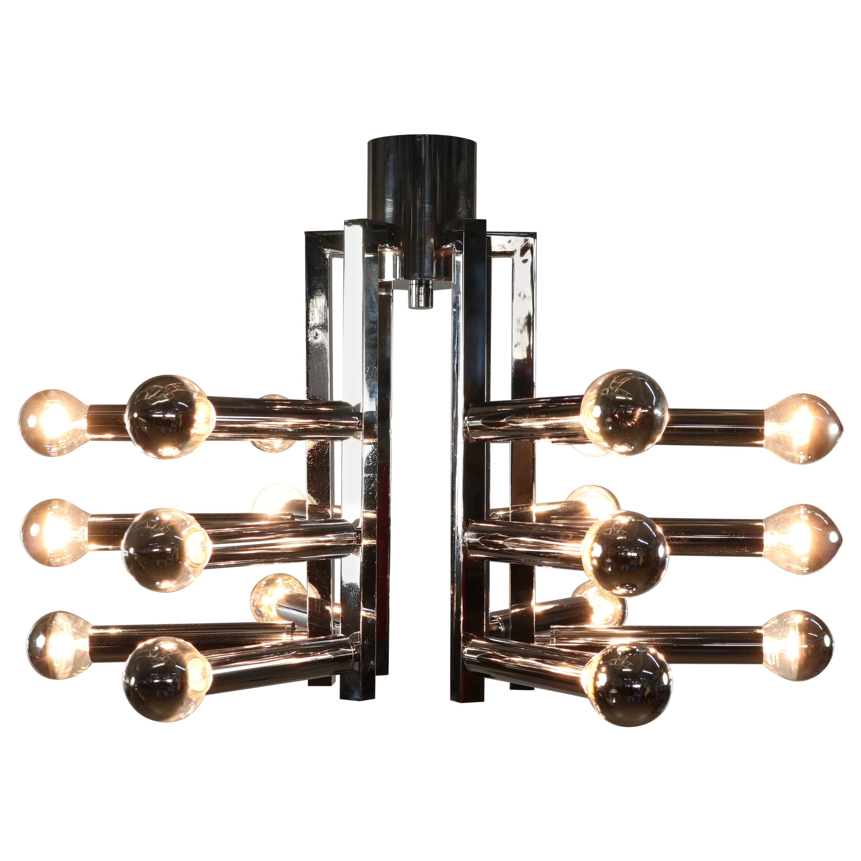 Gaetano Sciolari Flush Mount 18-Light Lamp Chromed Brass, Italy, 1970s For Sale