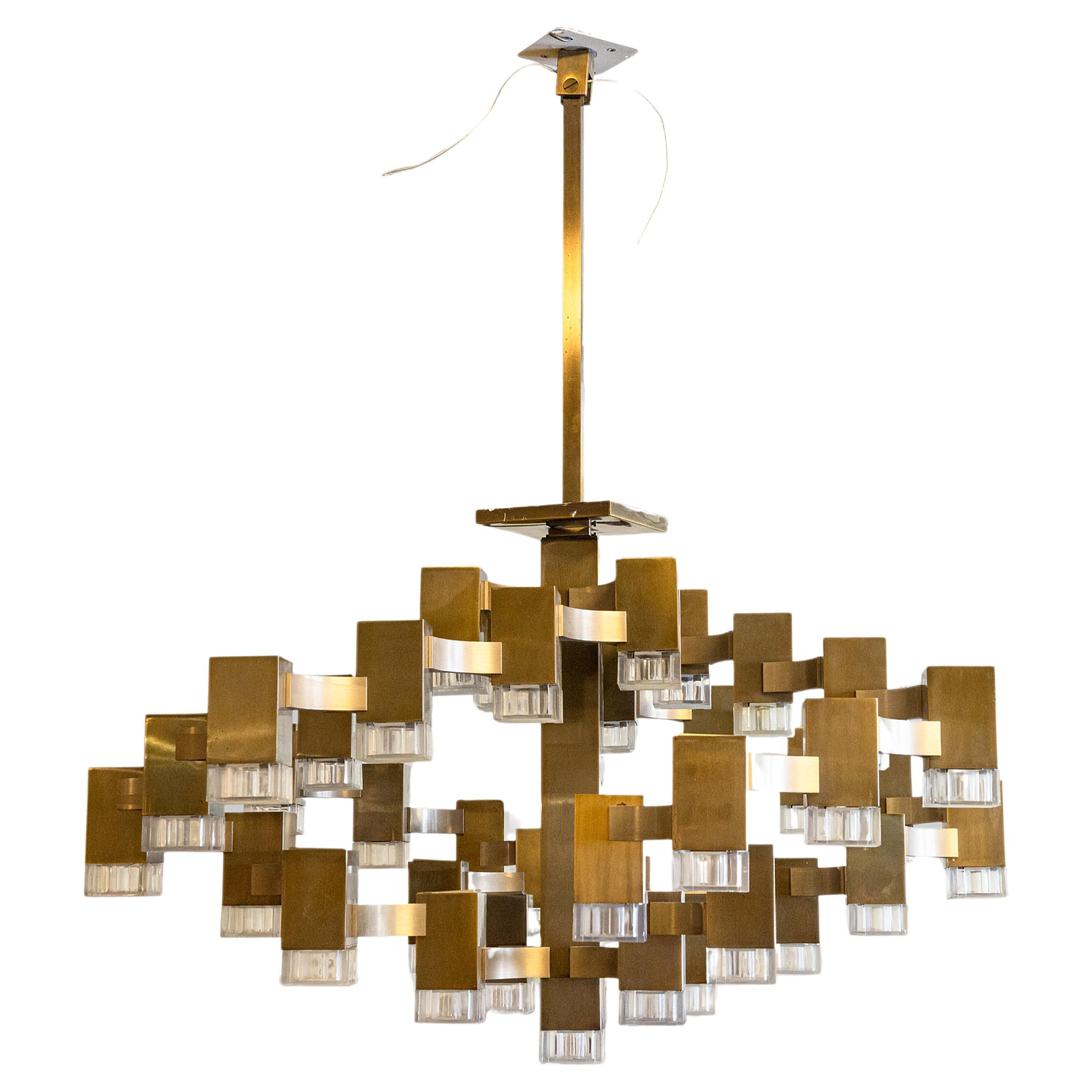 Gaetano Sciolari For Lightolier Cubic 37 Bulb Monumental Brass Light Fixture