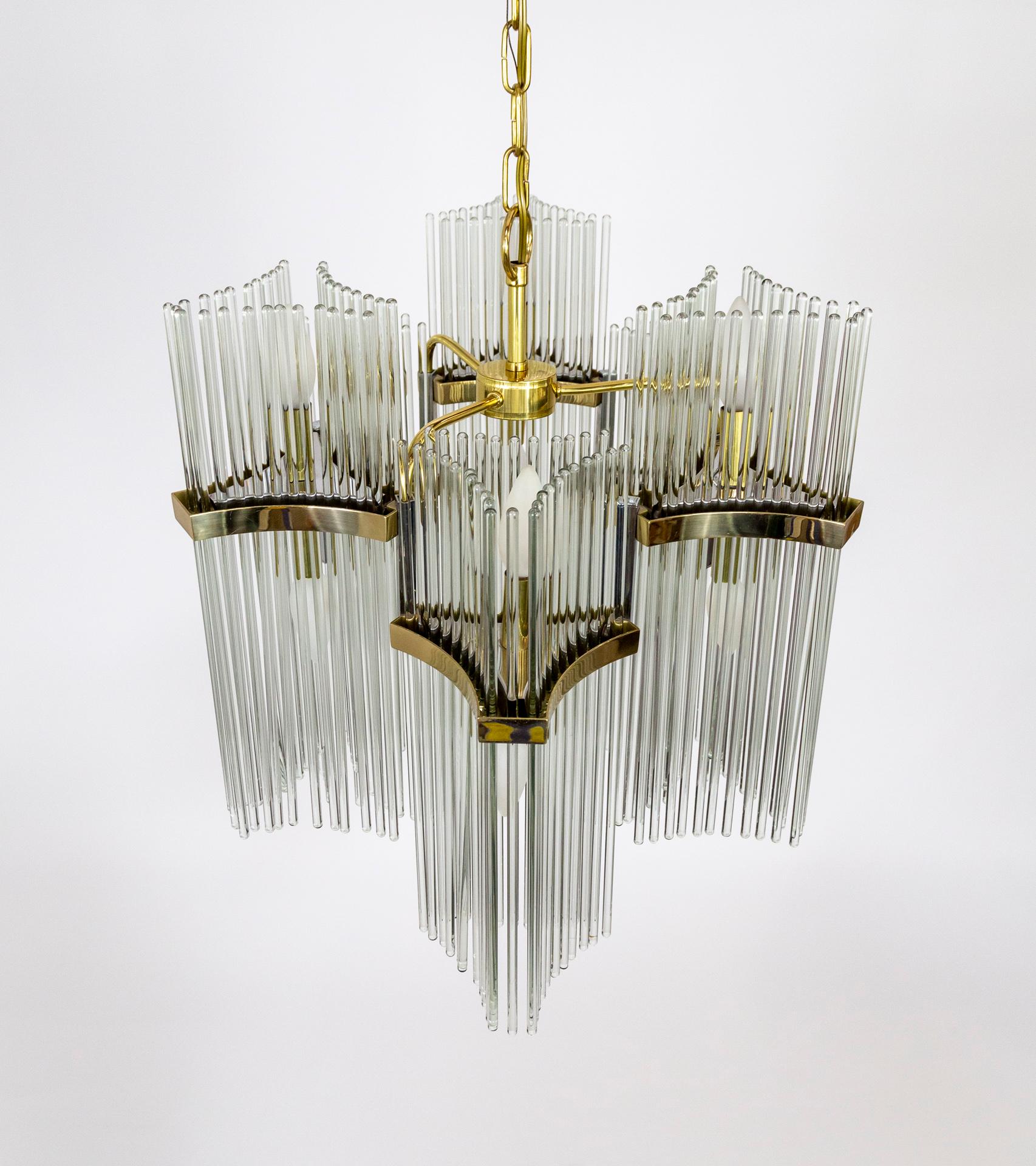 Mid-Century Modern Gaetano Sciolari for Lightolier Glass Rod & Brass 12-Light Chandelier