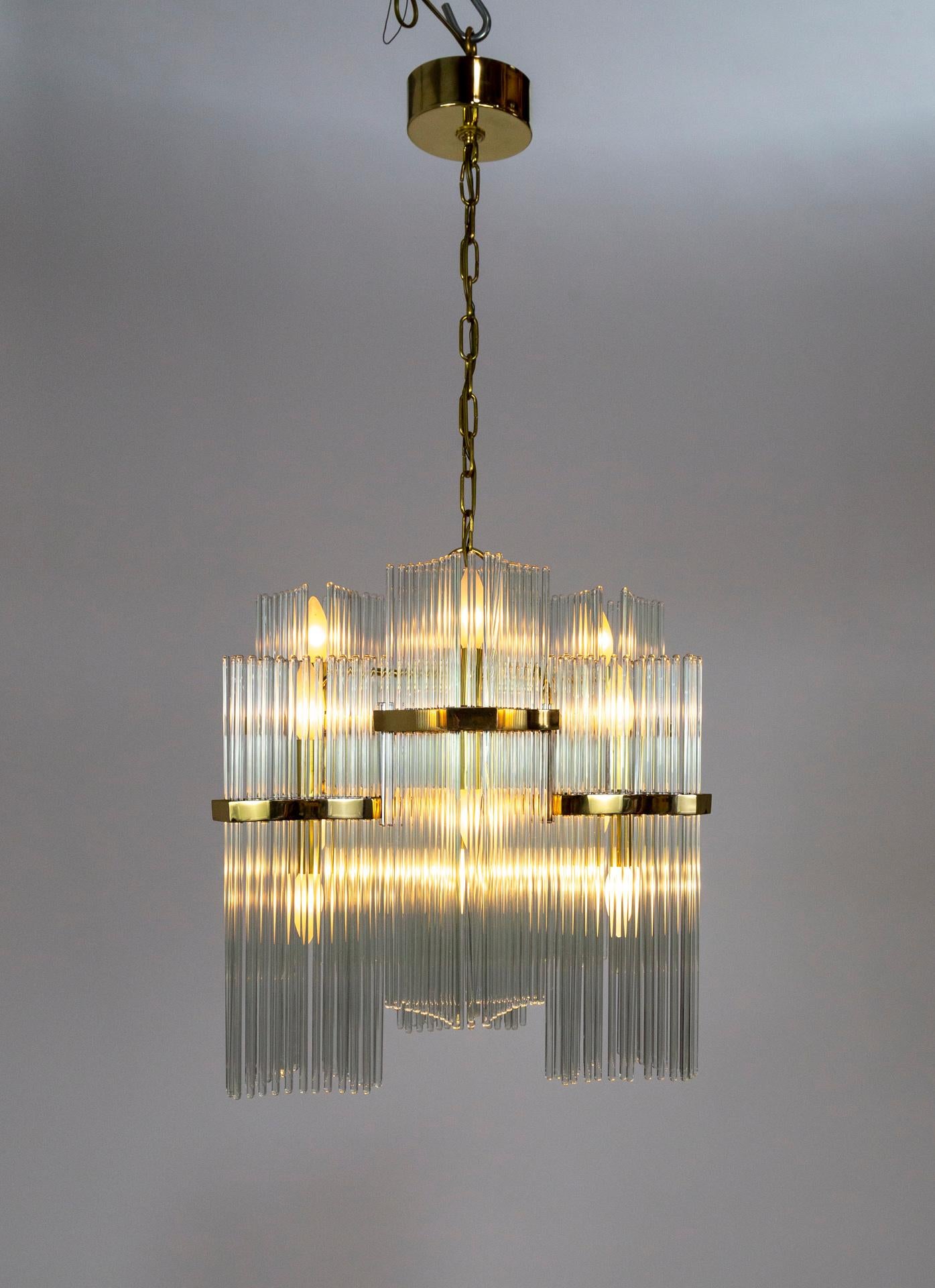 Gaetano Sciolari for Lightolier Glass Rod & Brass 12-Light Chandelier 4