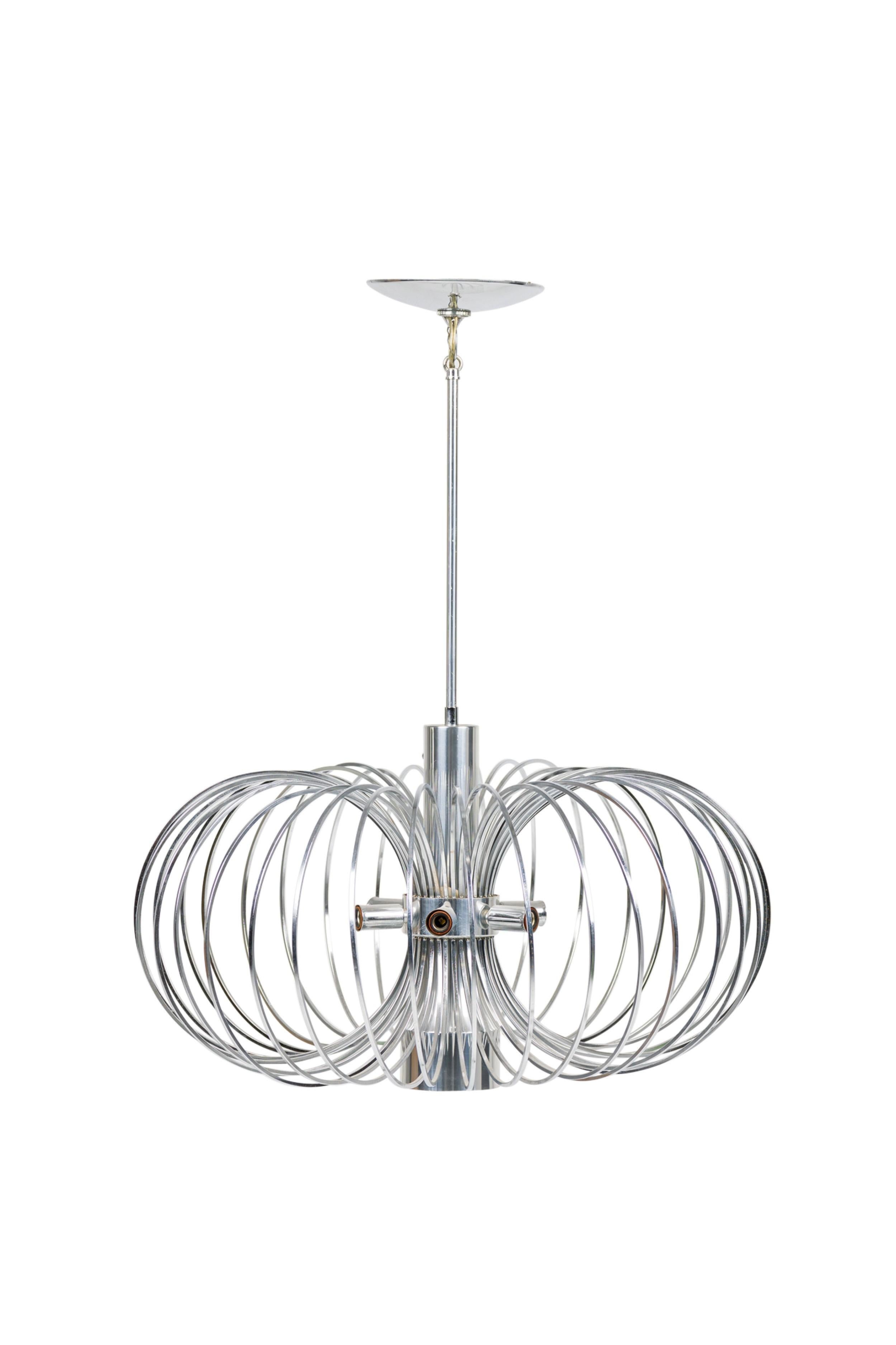 Italian Mid-Century Round Metal Cage Chandelier (GAETANO SCIOLARI FOR LIGHTOLIER)