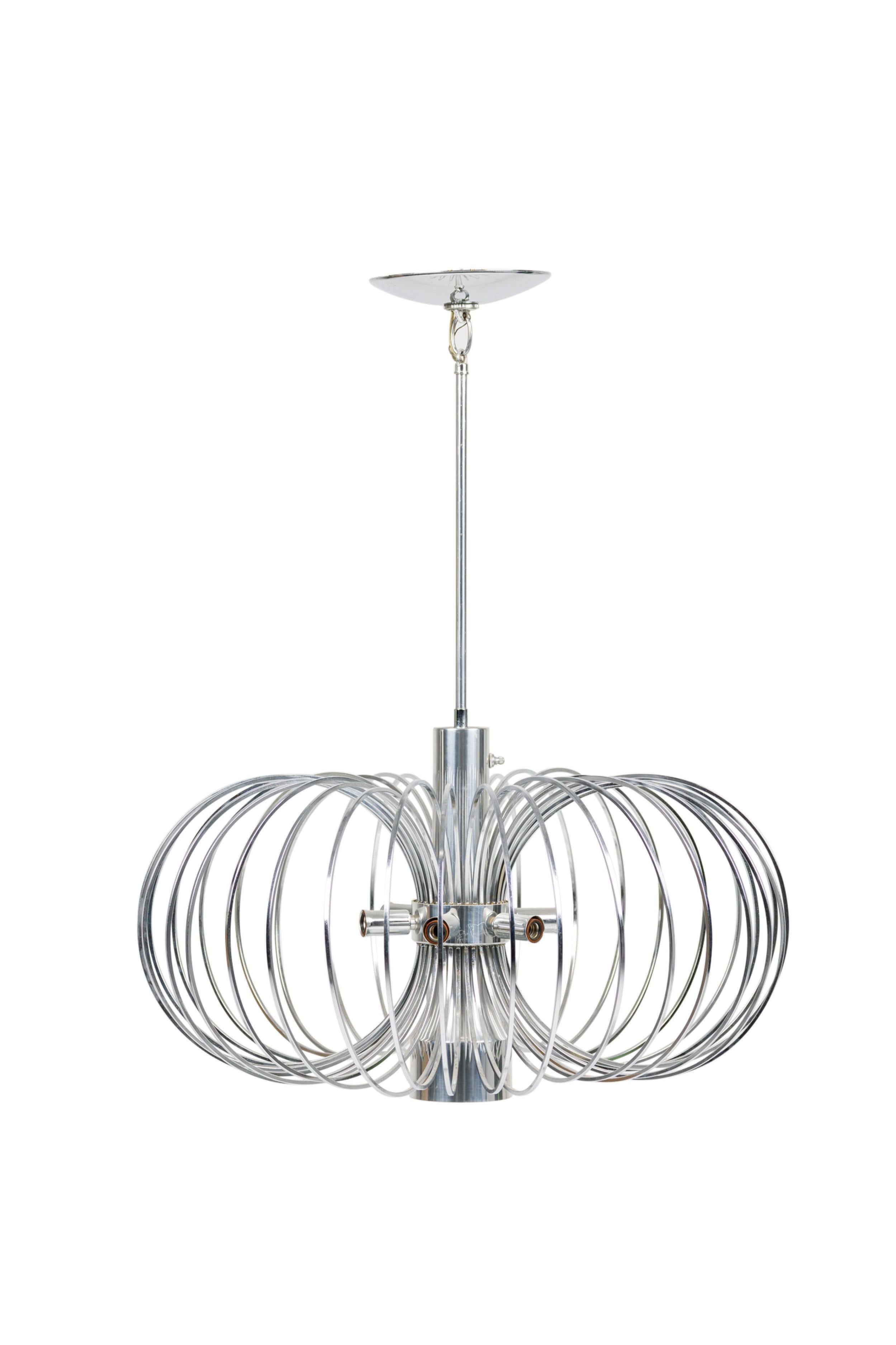 Hand-Crafted Gaetano Sciolari for Lightolier Italian Mid-Century Round Metal Cage Chandelier For Sale