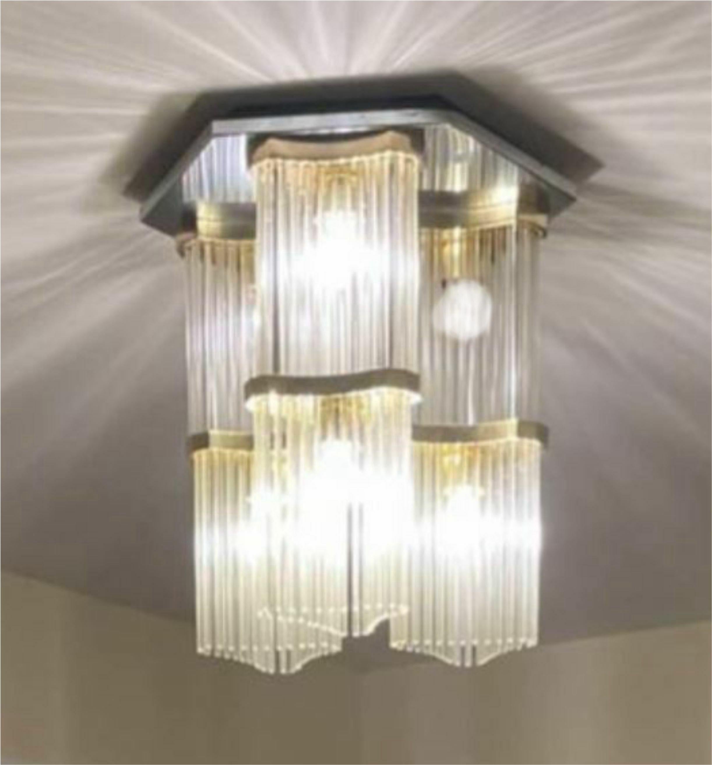Gaetano Sciolari for Lightolier Two-Tiered Glass Rod Brass and Chandelier Lamp Light . The ceiling paint is chrome in tone