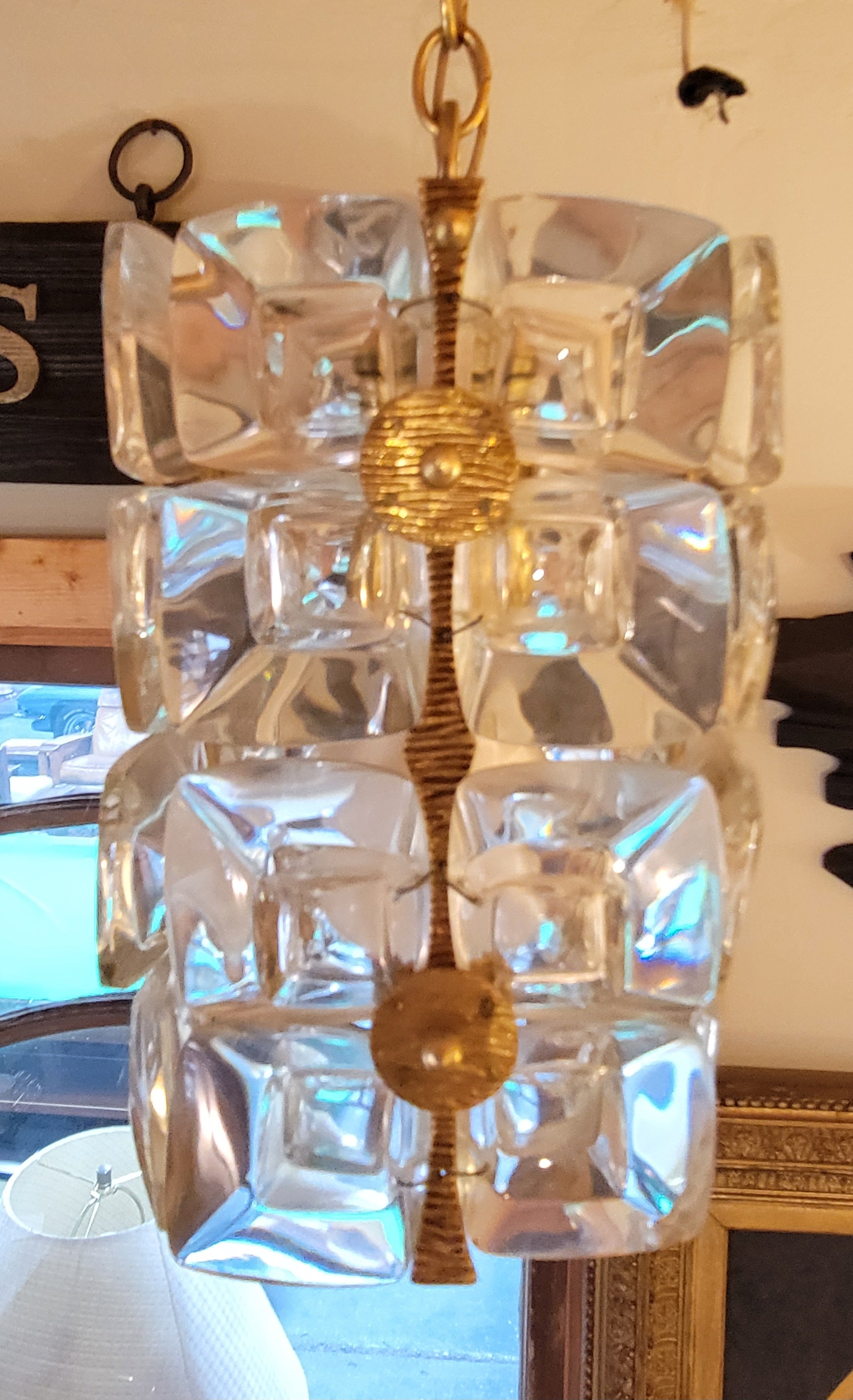 Rectangular crystal and gilt brass pendant ceiling light designed by Gaetano Sciolari for Palwa. Germany, circa. 1970. Original crystal clad escutcheon plate. Approximately 20 inches of chain. Excellent original, working condition.