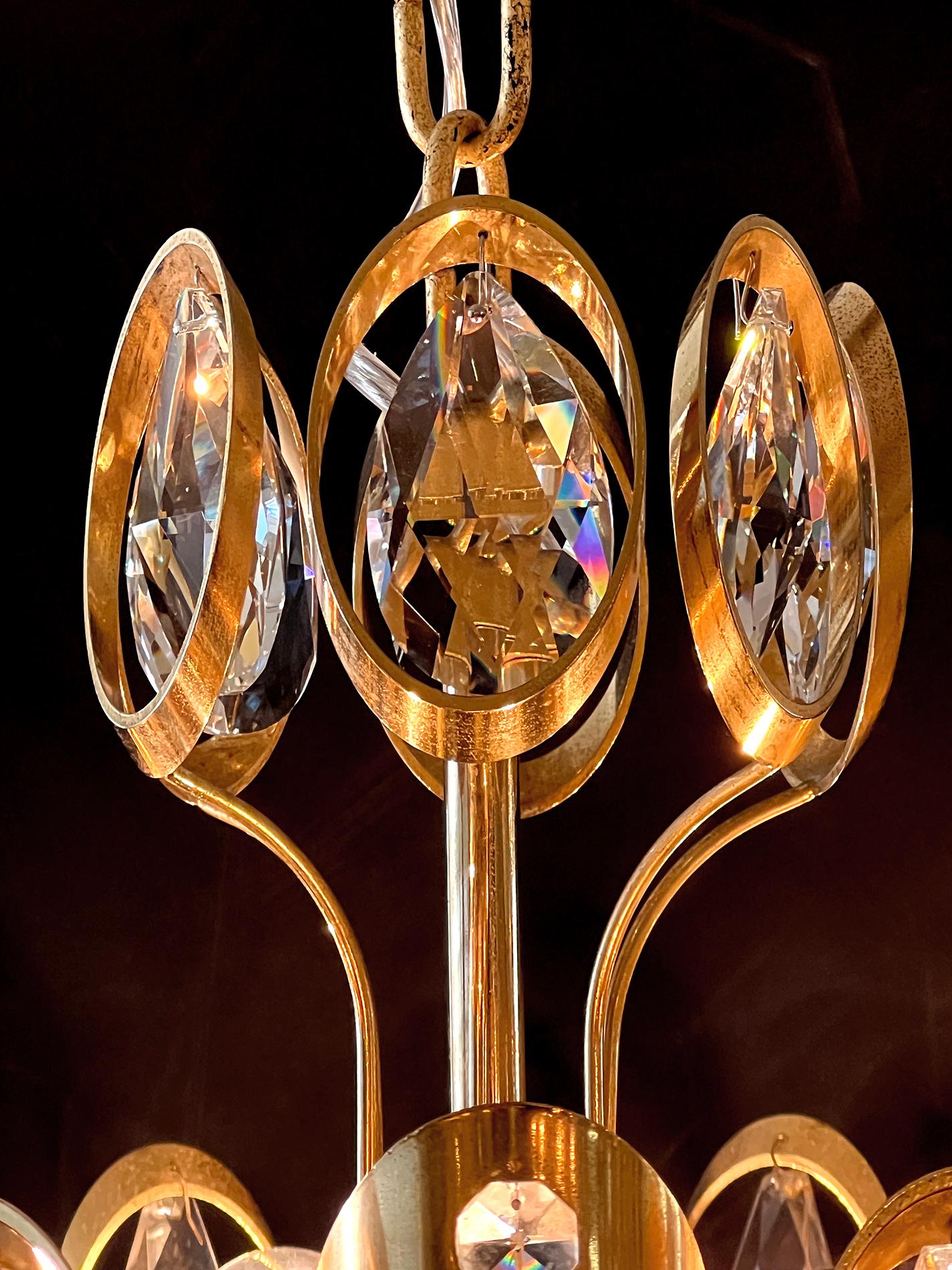 Mid-20th Century Gaetano Sciolari for Palwa Gilt-brass and Crystal 6-light Pendant Chandelier  For Sale