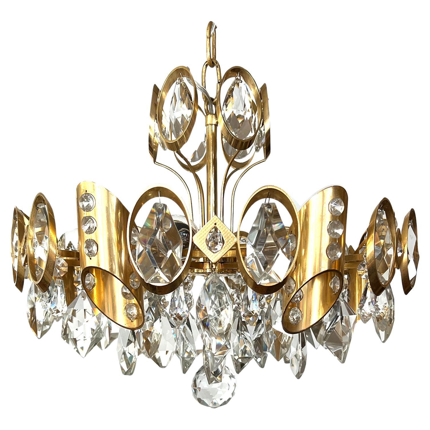 Gaetano Sciolari for Palwa Gilt-brass and Crystal 6-light Pendant Chandelier  For Sale