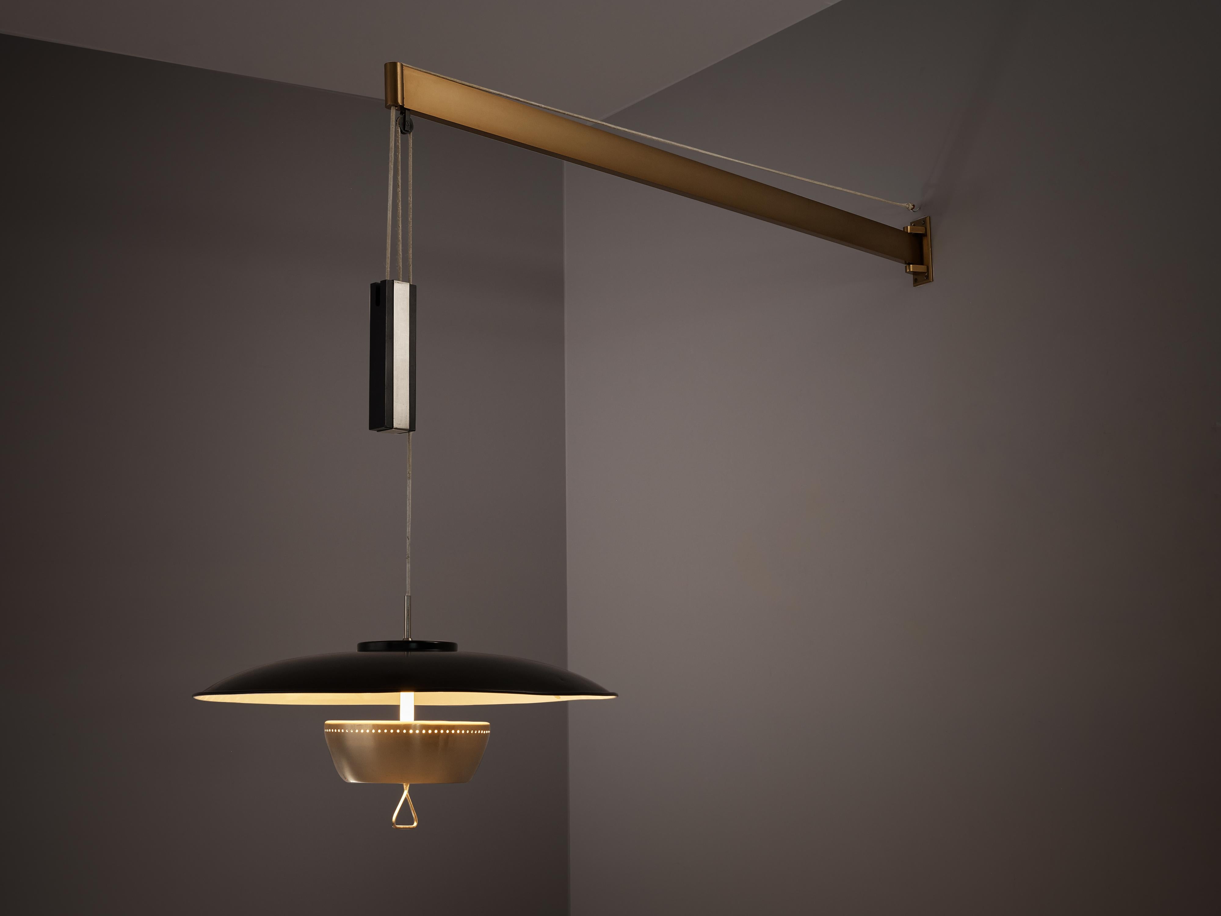 Gaetano Sciolari for Stilnovo, wall lamp model 1244, aluminum, brass, Italy, circa 1950

Elegant and modern wall-mounted pendant with a black coated shade by Sciolari. Adjustable in height due the counterweight that hangs on a horizontal brass bar.