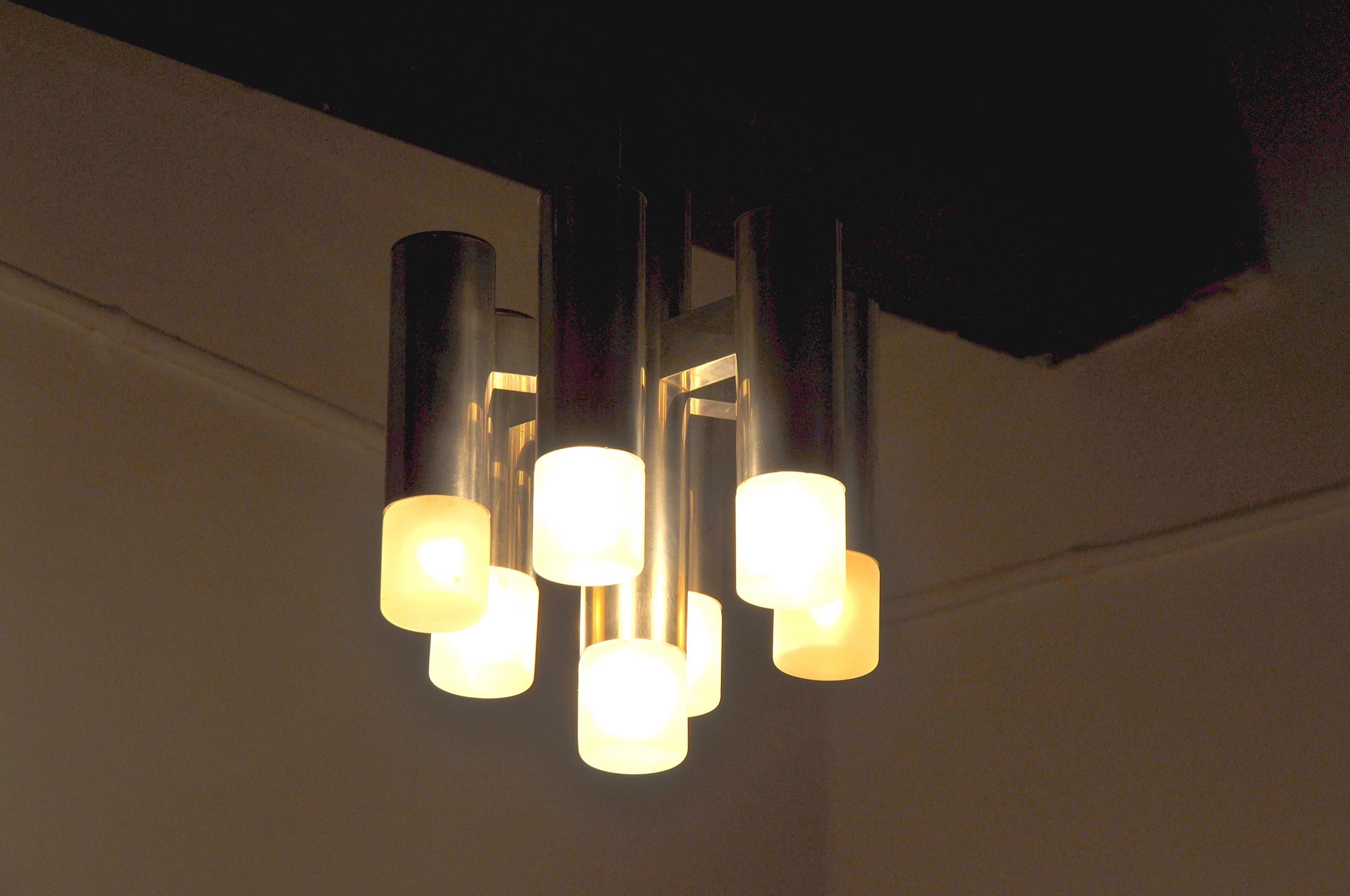 Gaetano Sciolari Geometric Chandelier, 7 Burners, Italy, 1970 For Sale 1