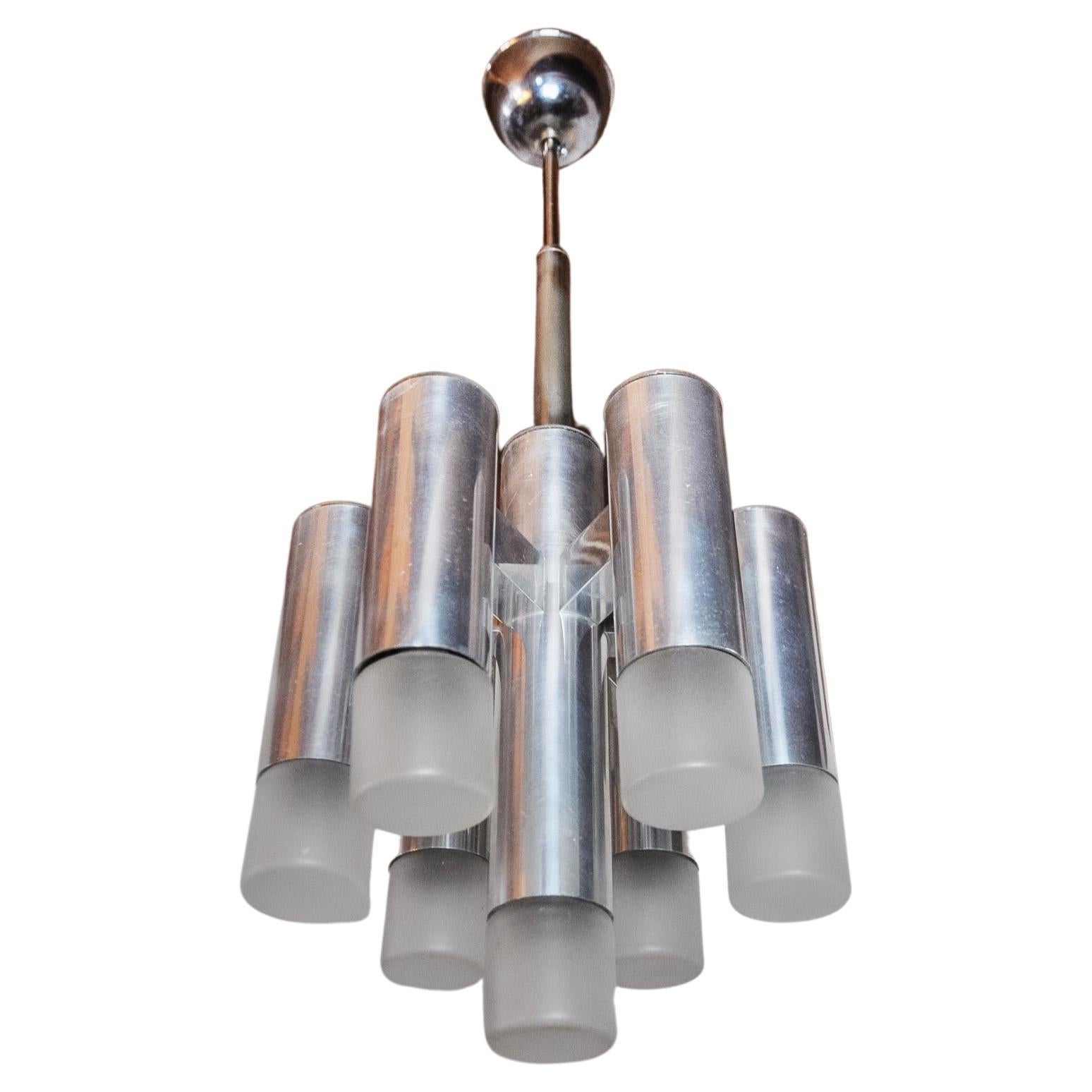 Gaetano Sciolari Geometric Chandelier, 7 Burners, Italy, 1970