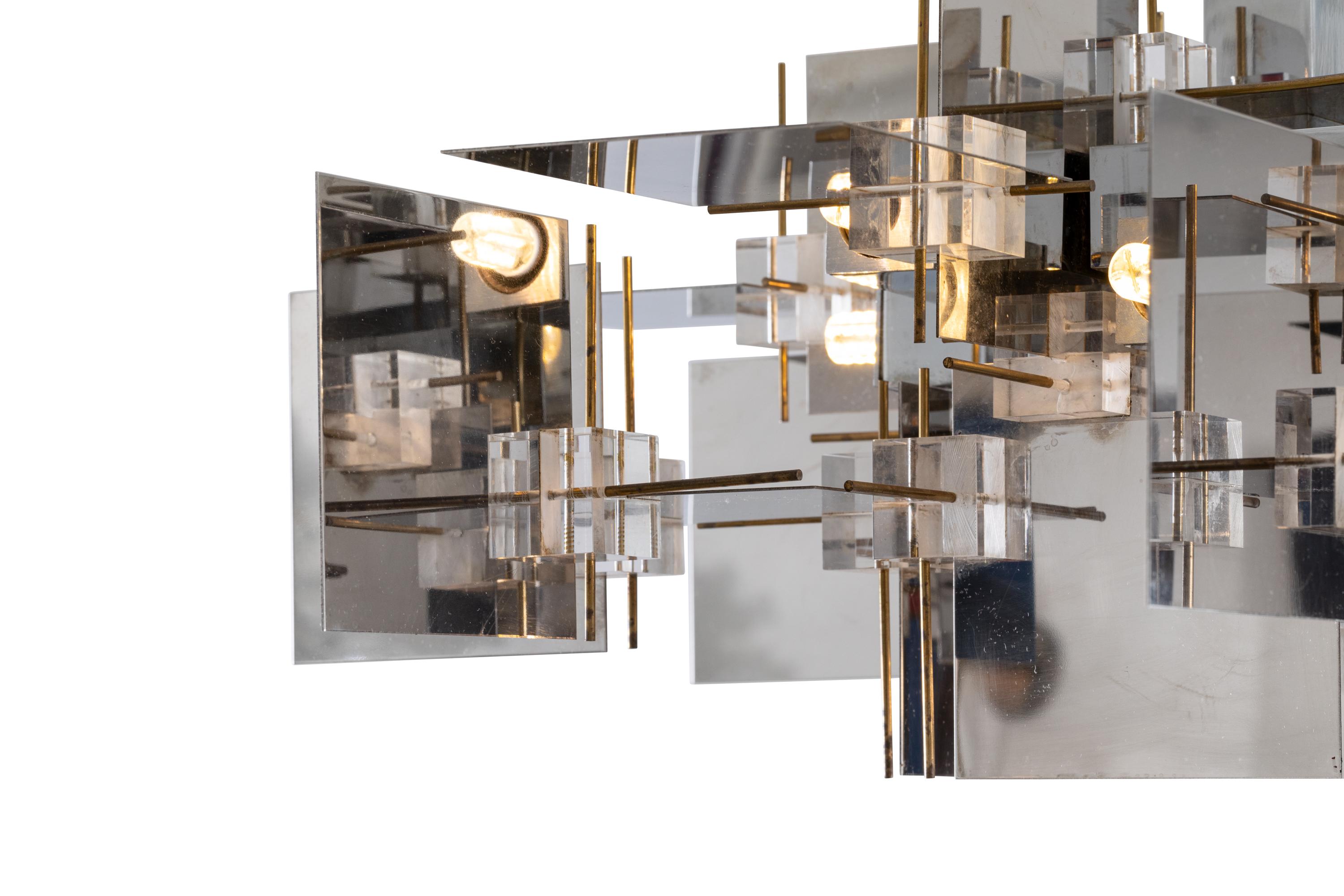 Gaetano Sciolari Geometric Chrome Panel and Lucite Cube Chandelier, Italy, 1960s In Good Condition For Sale In New York, NY