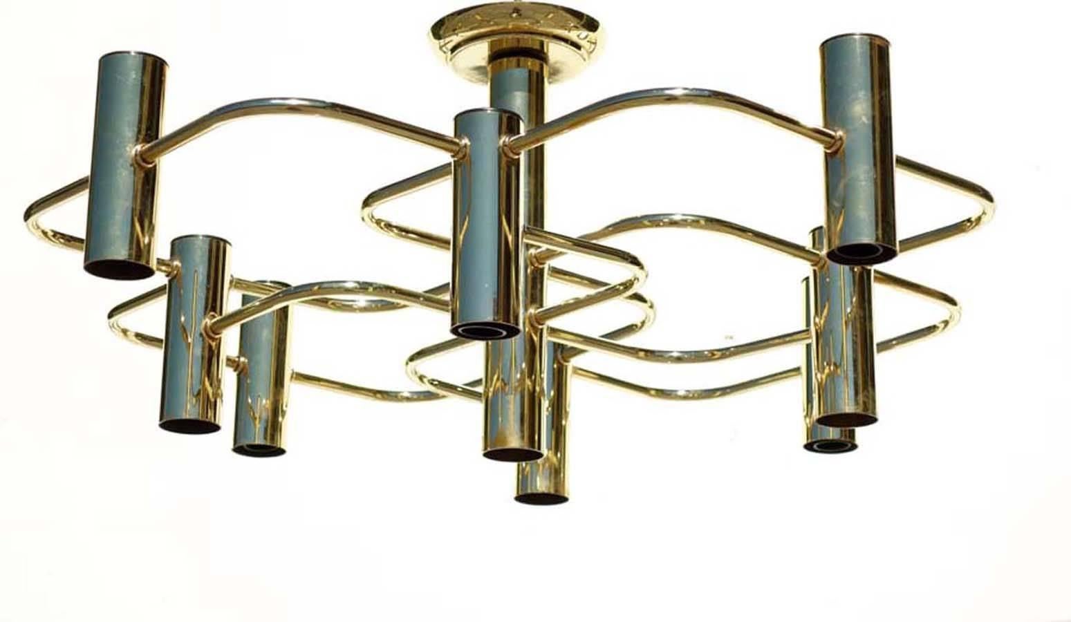 Late 20th Century Gaetano Sciolari Hollywood Regency Golden Brass Italian Design 1970 Ceiling Lamp For Sale