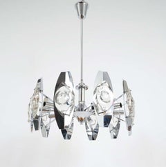 Gaetano Sciolari Impressionnante lampe lustre à lentille en verre chromé:: Italie:: 1960