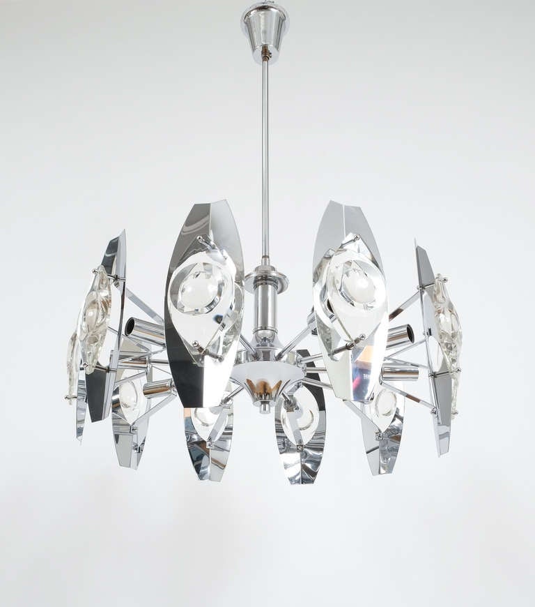 Gaetano Sciolari Impressive Chrome Glass Lens Chandelier Lamp, Italy, 1960 For Sale 1