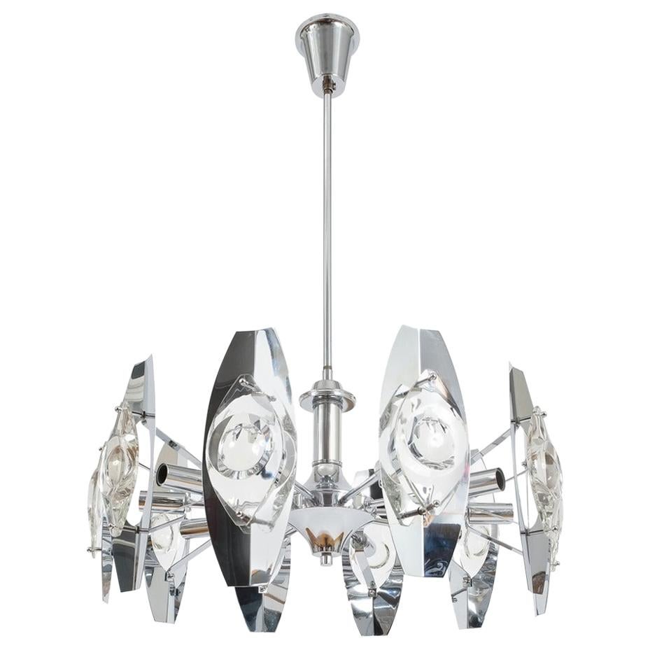 Gaetano Sciolari Impressive Chrome Glass Lens Chandelier Lamp, Italy, 1960 For Sale