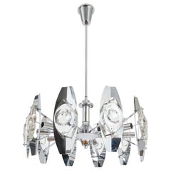 Vintage Gaetano Sciolari Impressive Chrome Glass Lens Chandelier Lamp, Italy, 1960