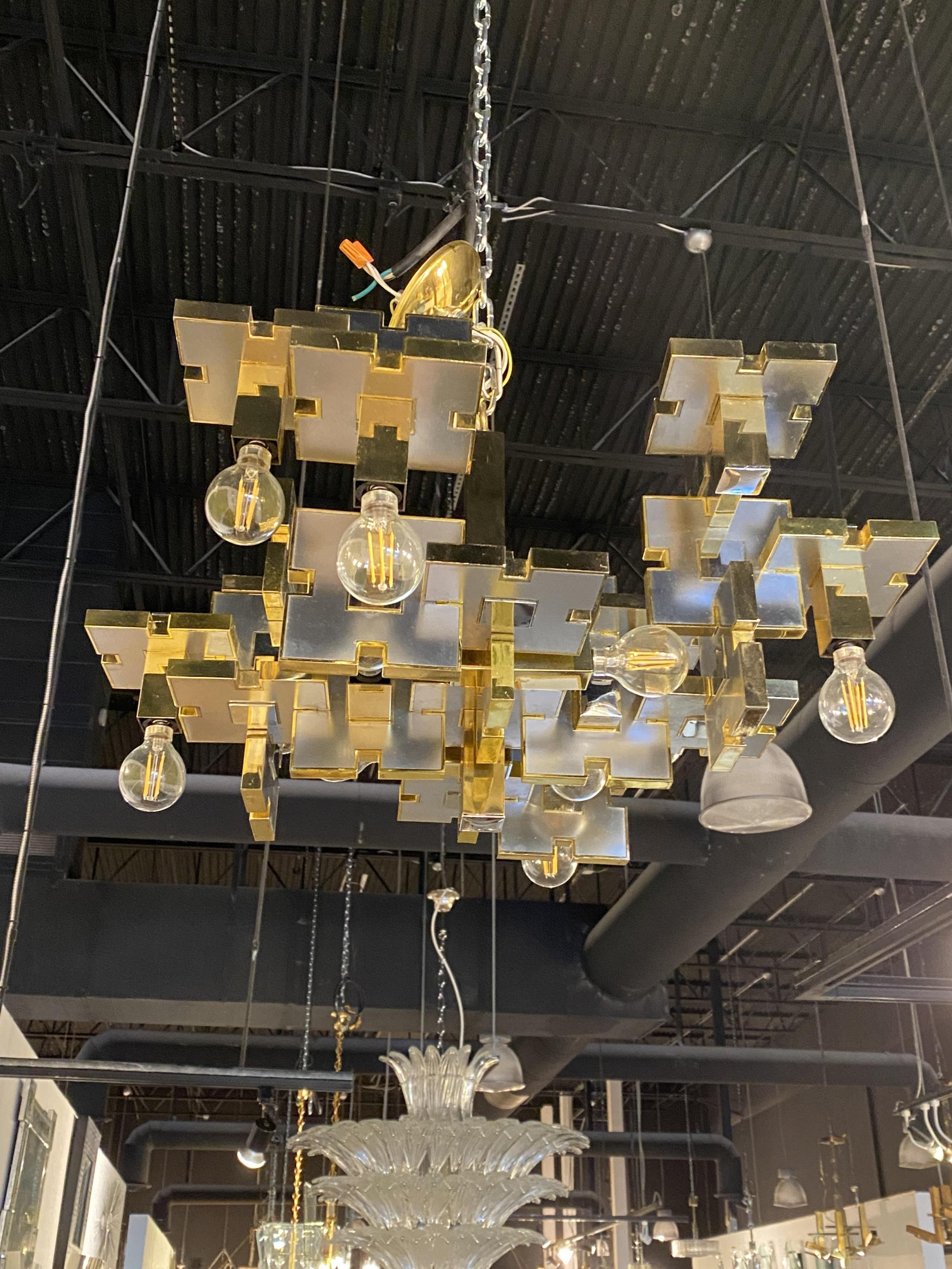 Gaetano Sciolari Italian Industrial Brass and Brushed Chrome Chandelier In Good Condition For Sale In New York, NY