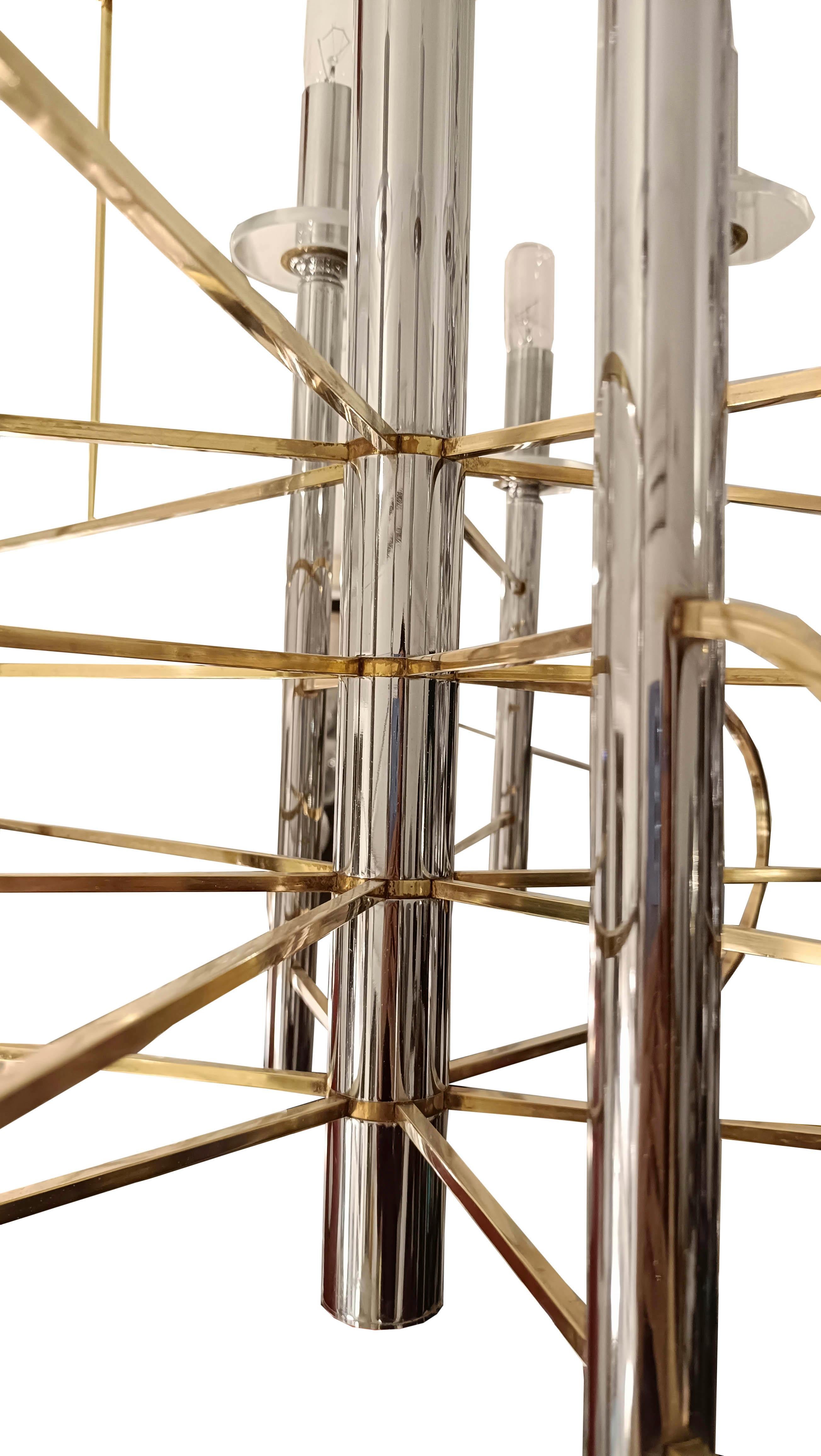 Mid-Century Modern Gaetano Sciolari Chandelier Chrome and Brass, Italy 1970s For Sale