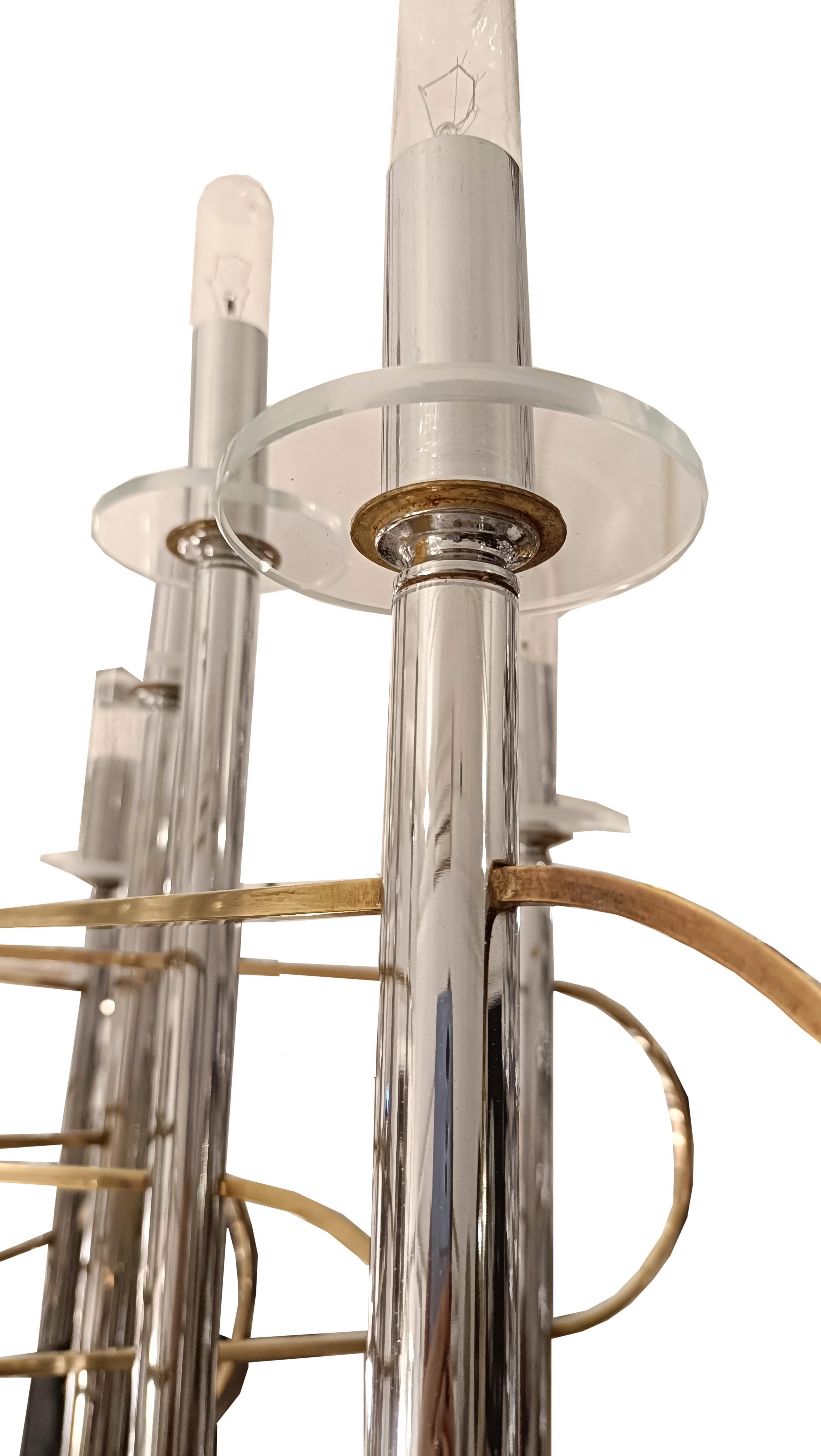 Italian Gaetano Sciolari Chandelier Chrome and Brass, Italy 1970s For Sale