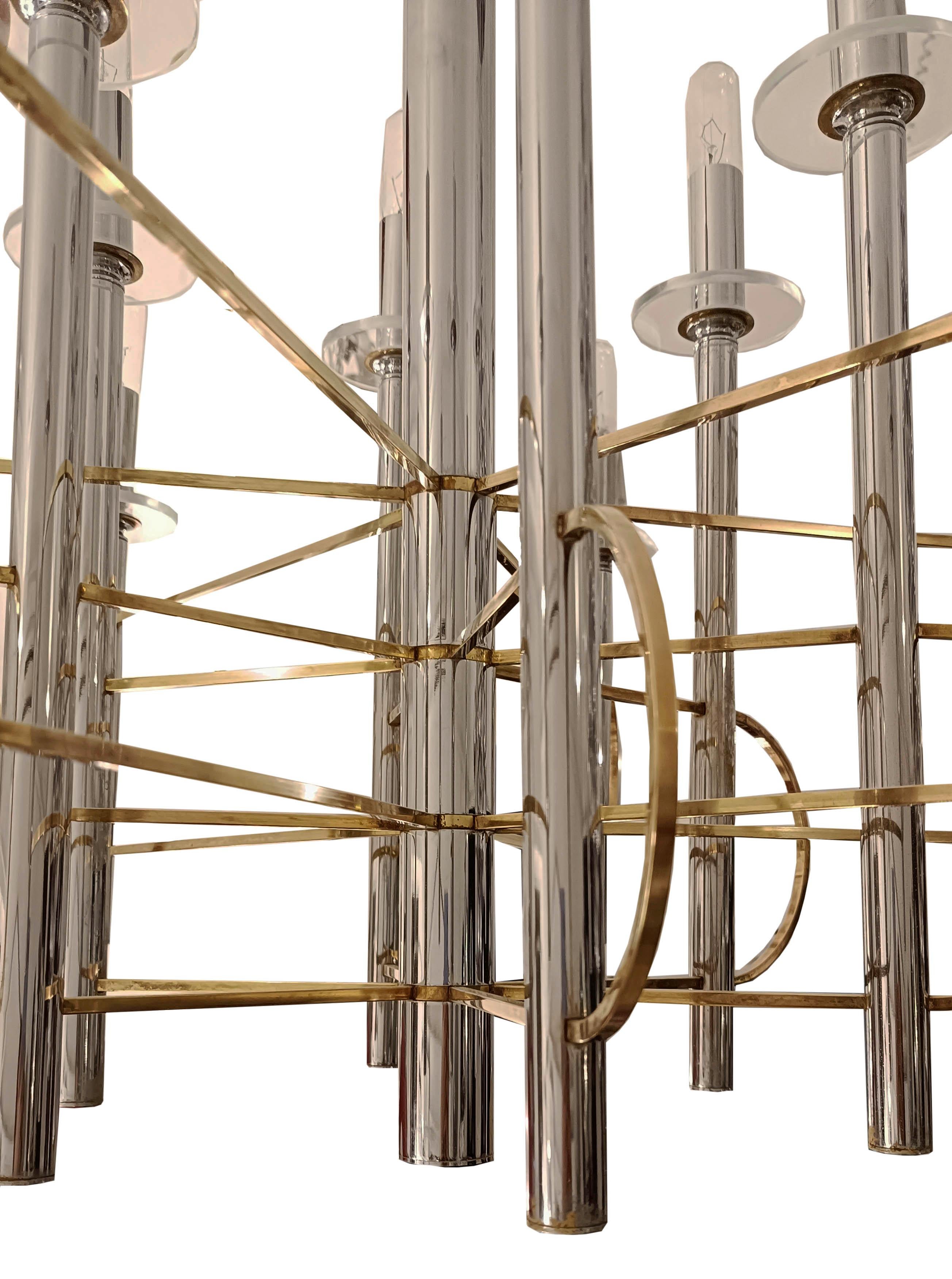 Late 20th Century Gaetano Sciolari Chandelier Chrome and Brass, Italy 1970s For Sale