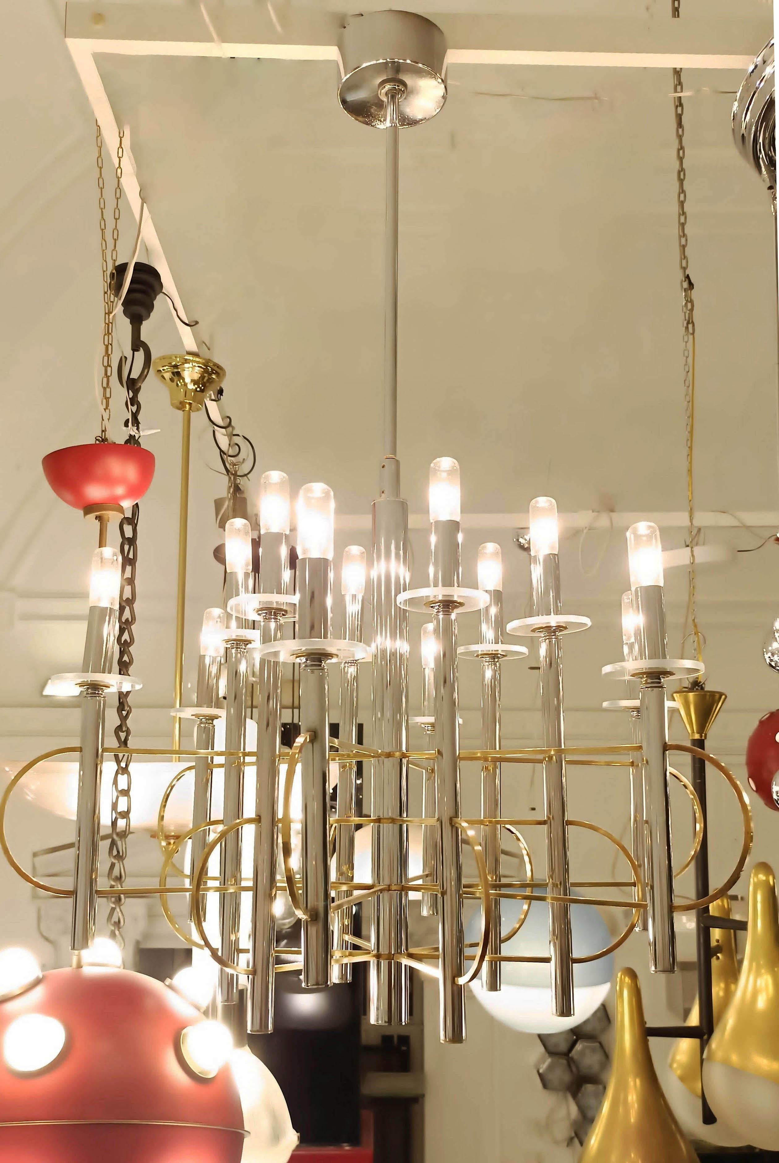 Metal Gaetano Sciolari Chandelier Chrome and Brass, Italy 1970s For Sale