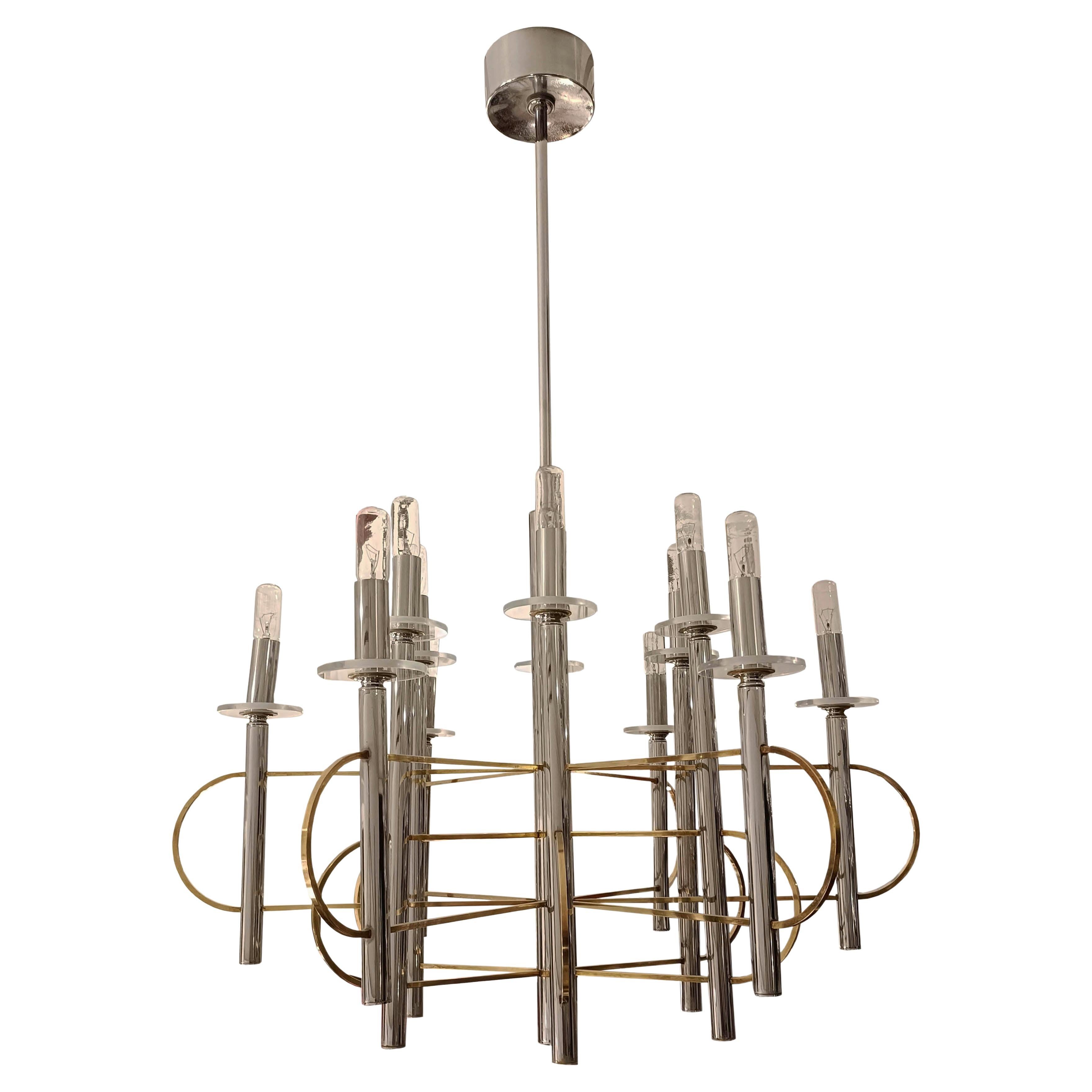 Gaetano Sciolari Chandelier Chrome and Brass, Italy 1970s