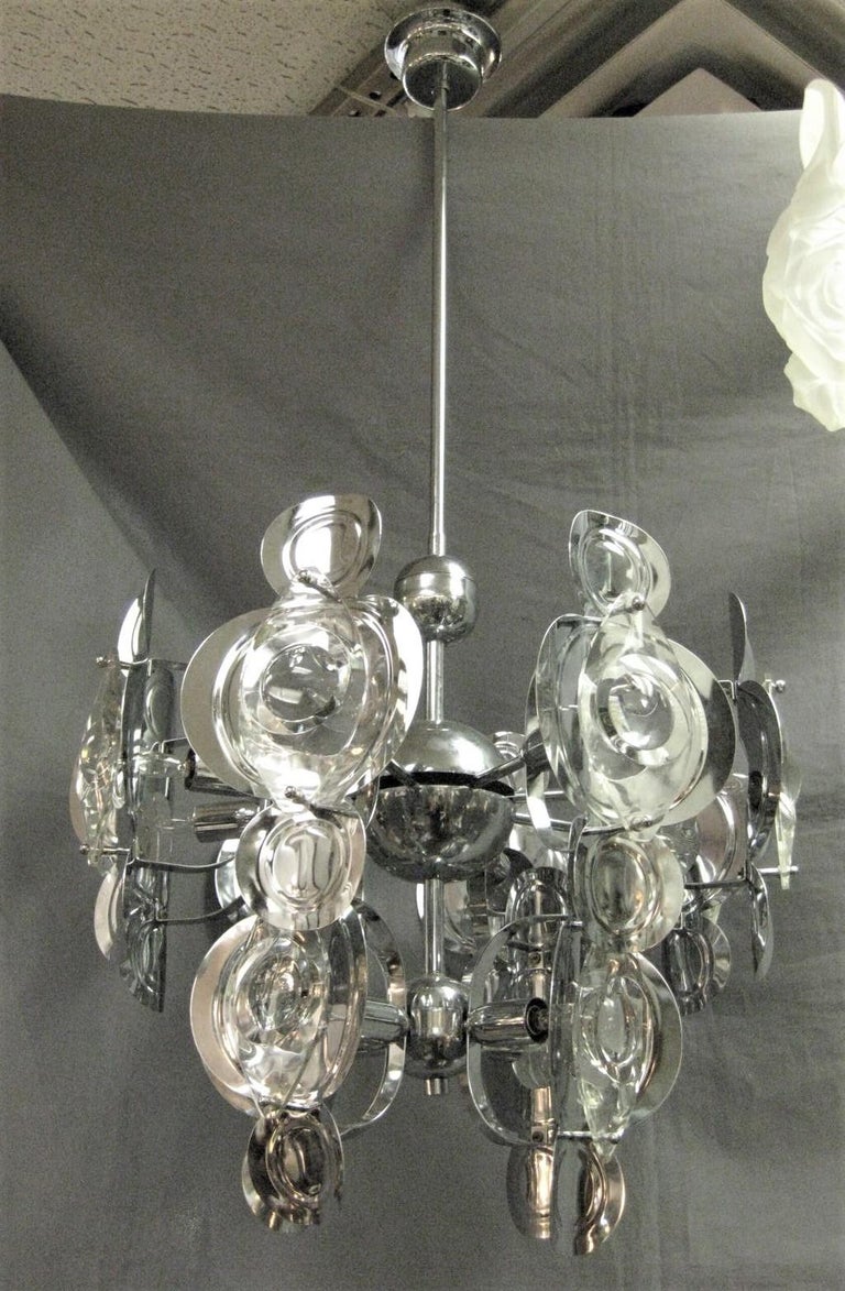 Gaetano Sciolari Large Chrome and Glass Lens Chandelier, 1960s For Sale