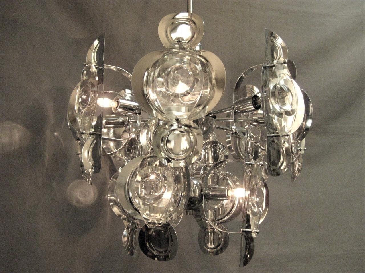 Italian Gaetano Sciolari Large Chrome and Glass Lens Chandelier, 1960s For Sale