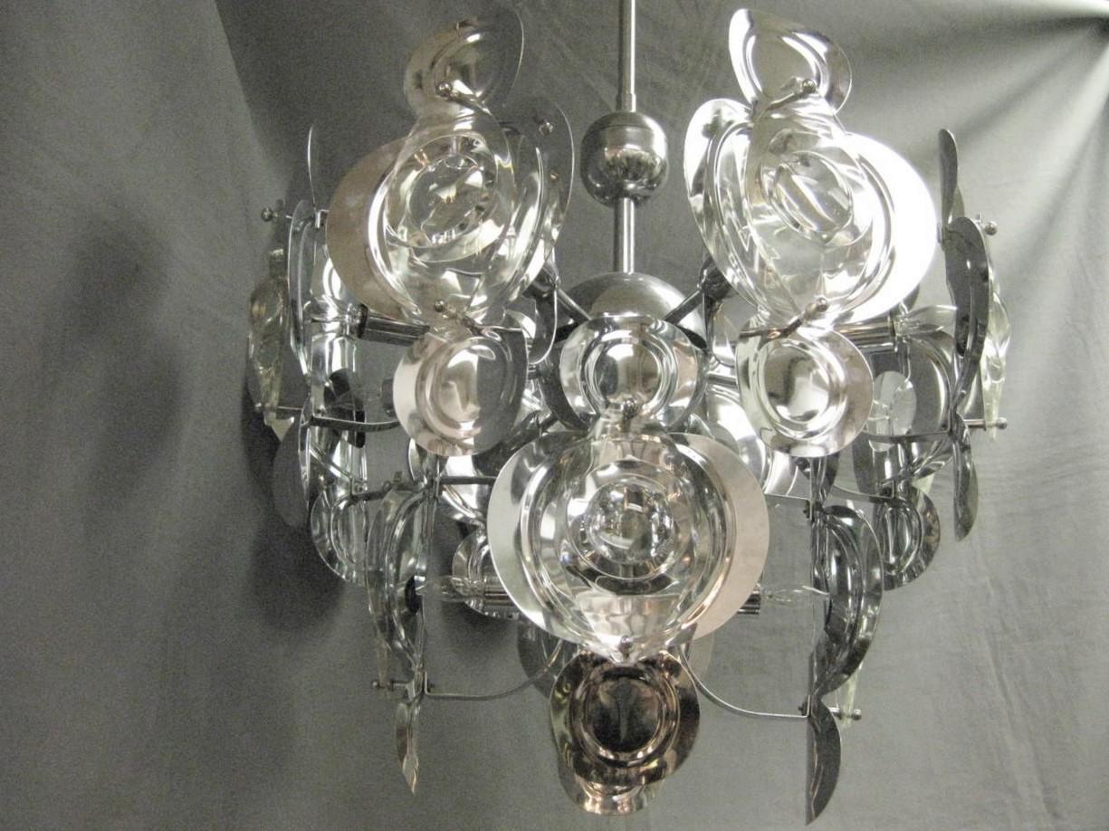 Mid-Century Modern Gaetano Sciolari Large Chrome and Glass Lens Chandelier, 1960s For Sale