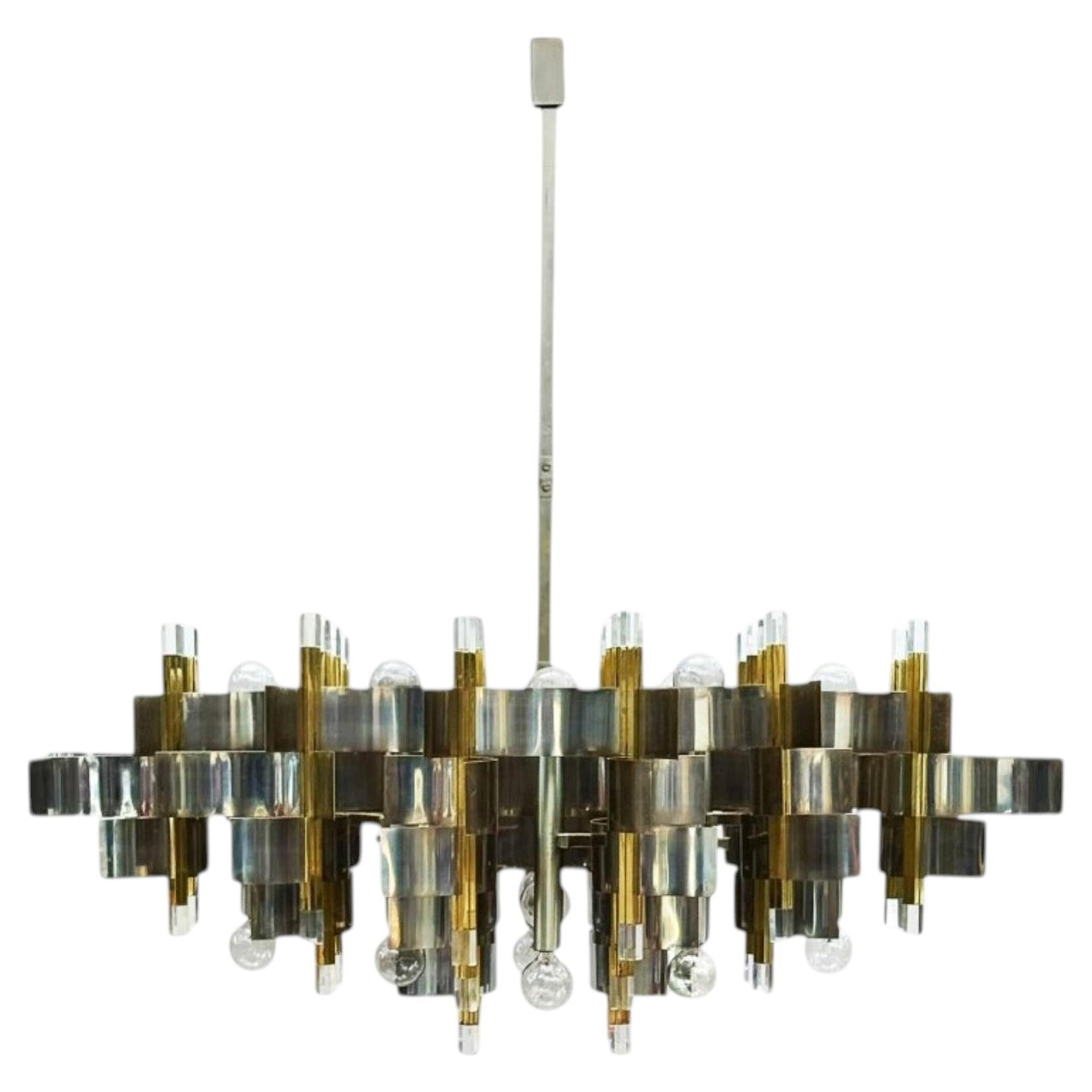 Gaetano Sciolari Large Mid-Century Modern Italian Chrome & Brass Chandelier