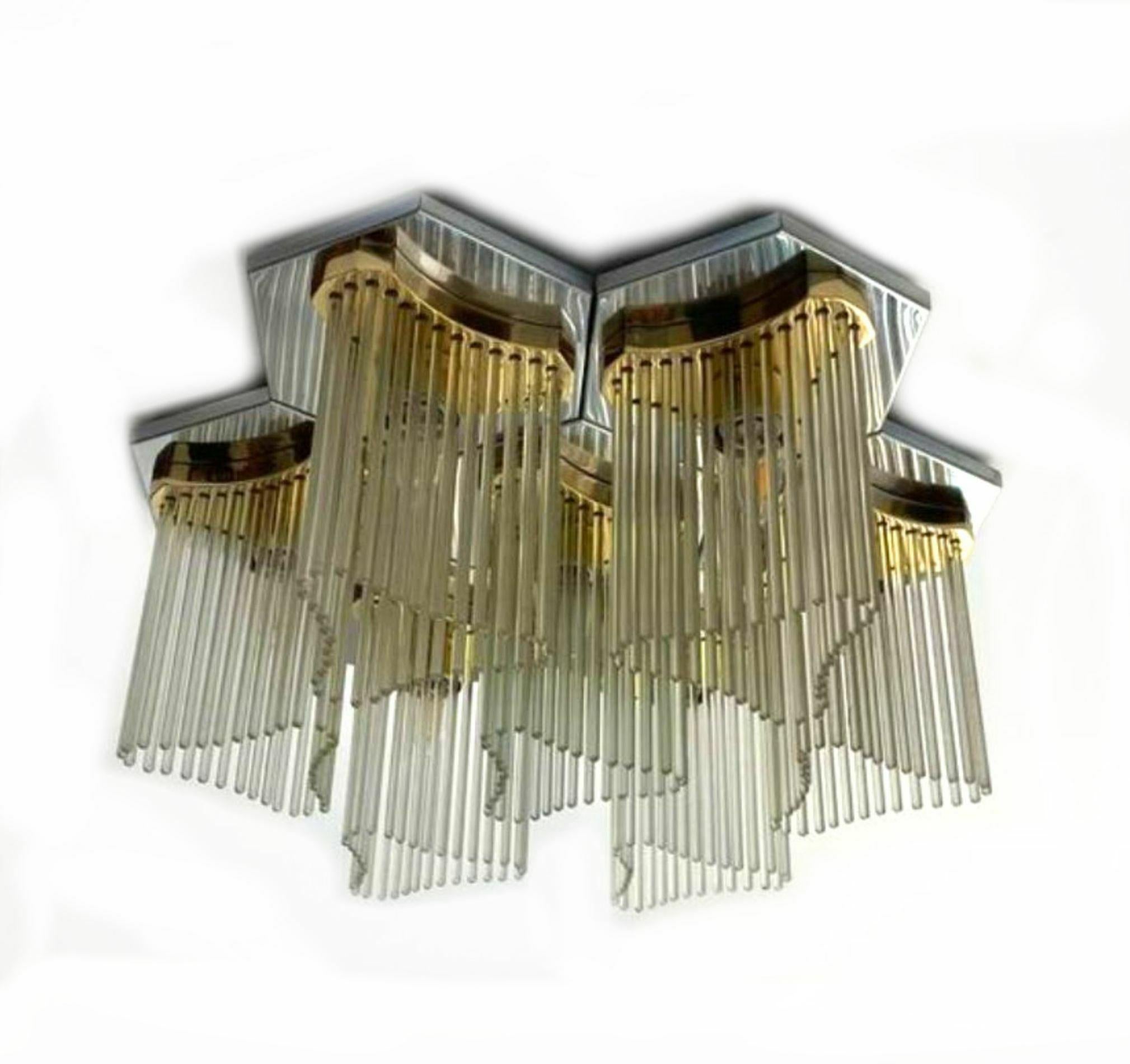 Mid-Century Modern Gaetano Sciolari Lightolier Glass Rod Chrome Chandelier Pendant set 7 Lamps   For Sale