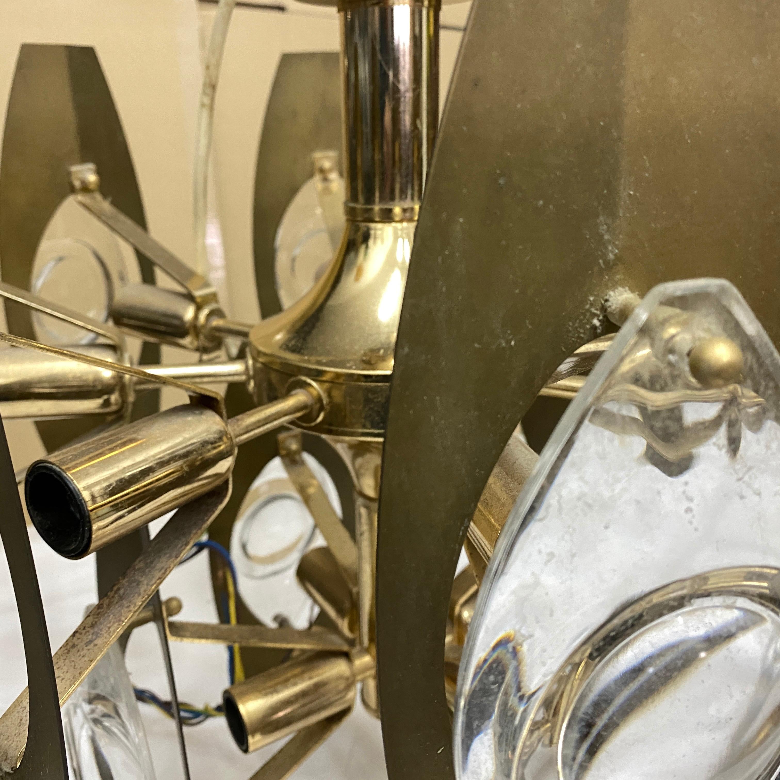 1960s Oscar Torlasco Mid-Century Modern Brass and Glass Chandelier 1