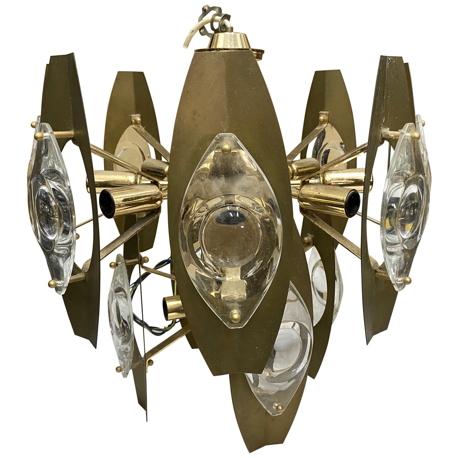 1960s Oscar Torlasco Mid-Century Modern Brass and Glass Chandelier